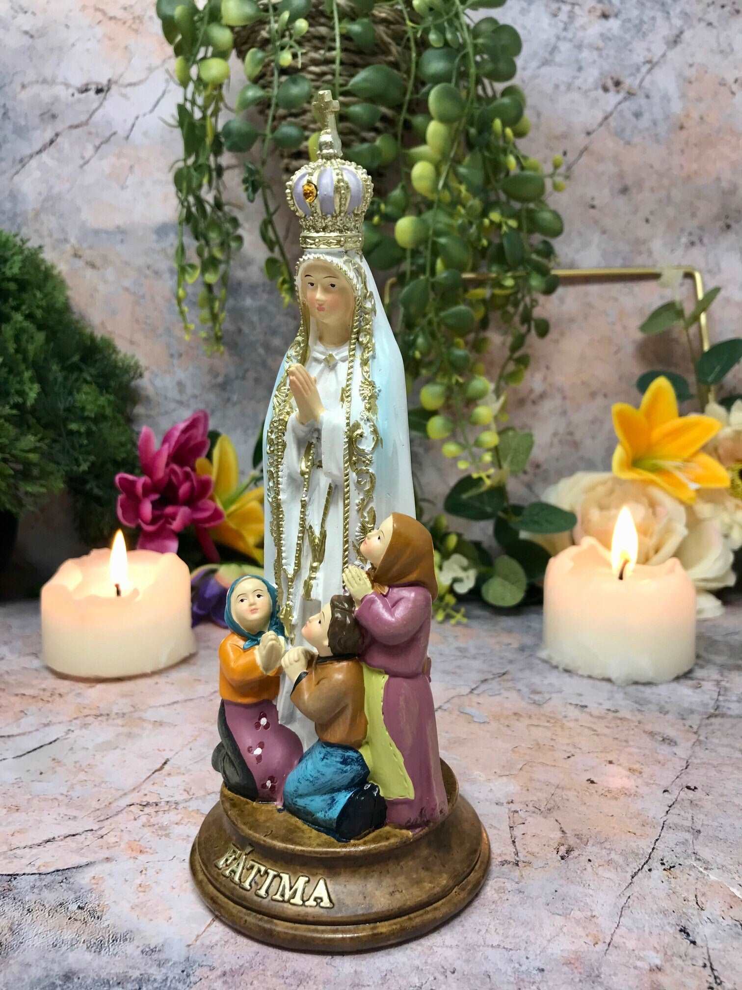 Blessed Virgin Mary Sculpture Our Lady of Fatima with Children Statue Ornament Figurine-Osiris Craftworks