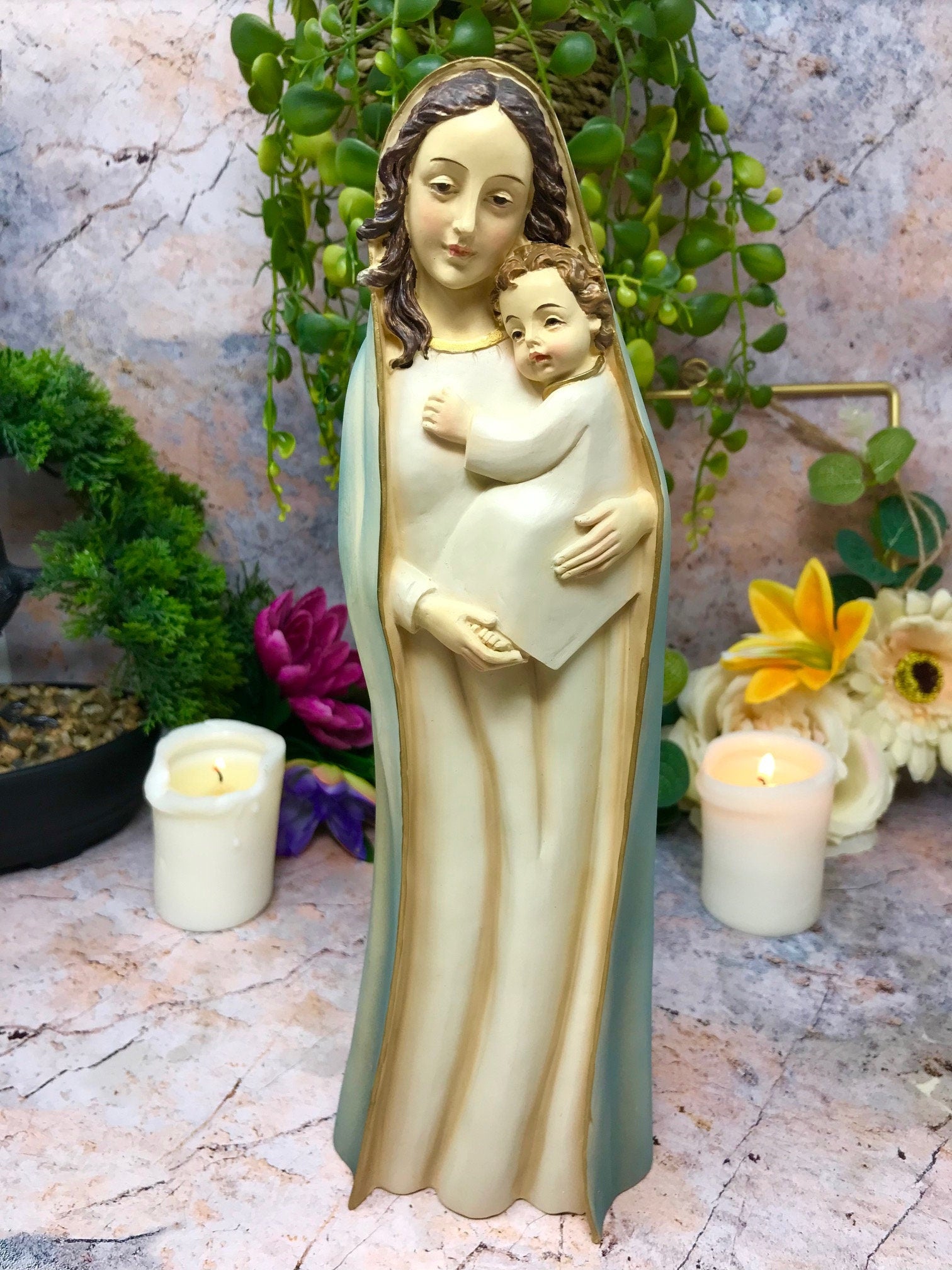 Virgin Mary Holding Baby Jesus Sculpture Statue Religious Ornament-Osiris Craftworks