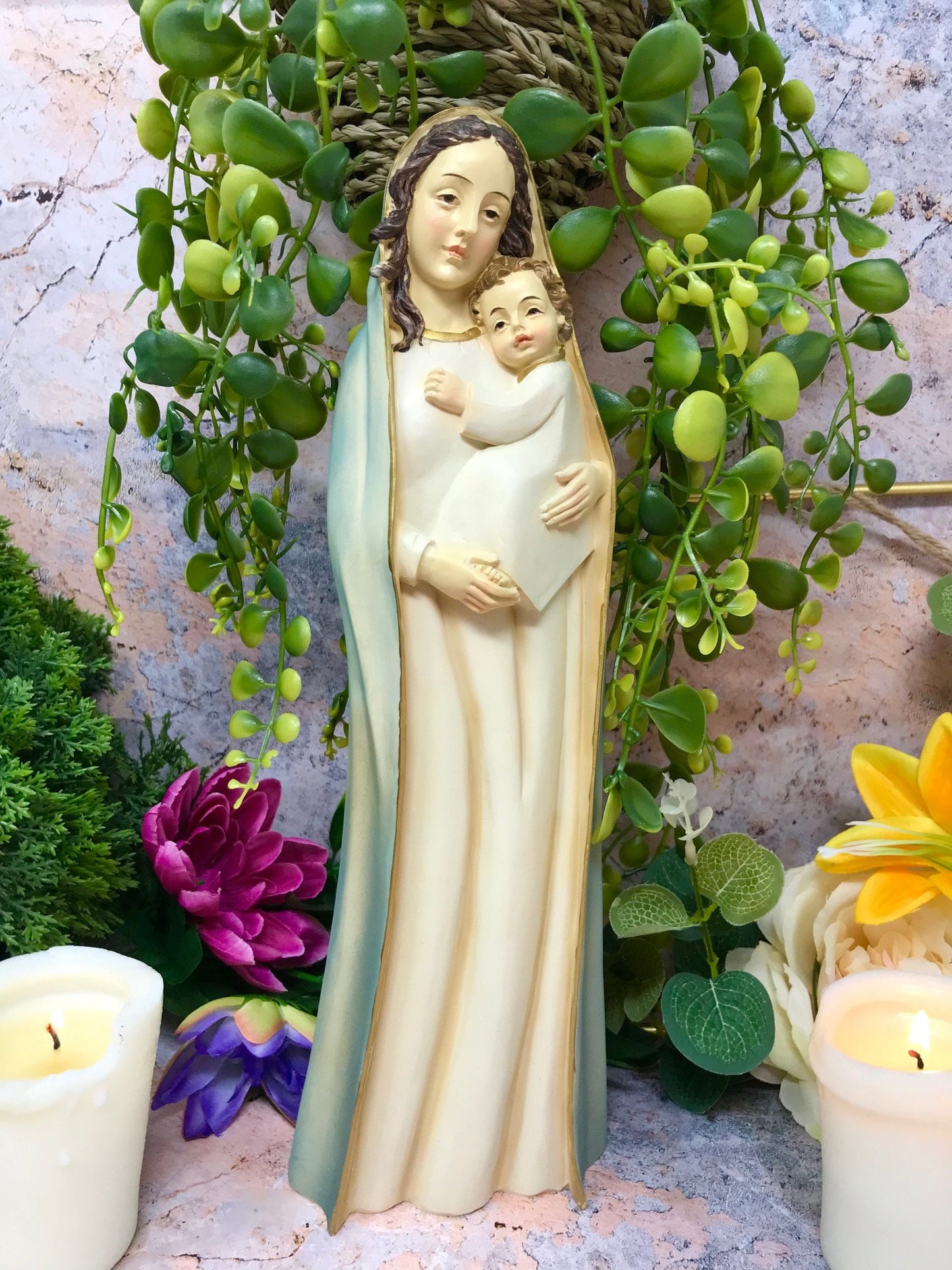 Virgin Mary Holding Baby Jesus Sculpture Statue Religious Ornament-Osiris Craftworks