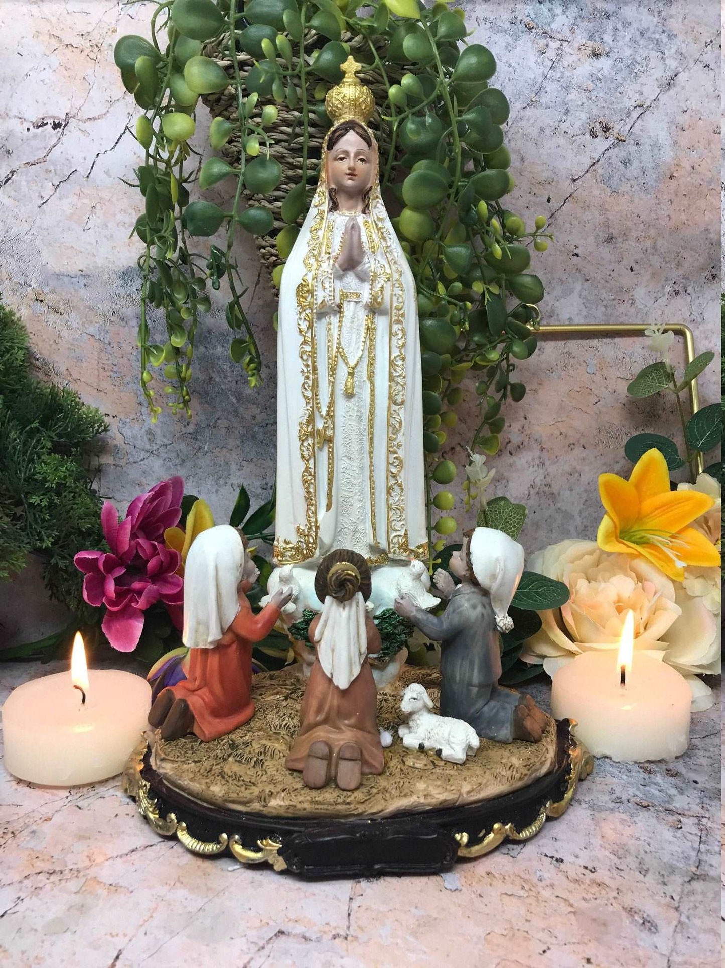 Blessed Virgin Mary Sculpture Our Lady of Fatima with Children Statue Figurine-Osiris Craftworks