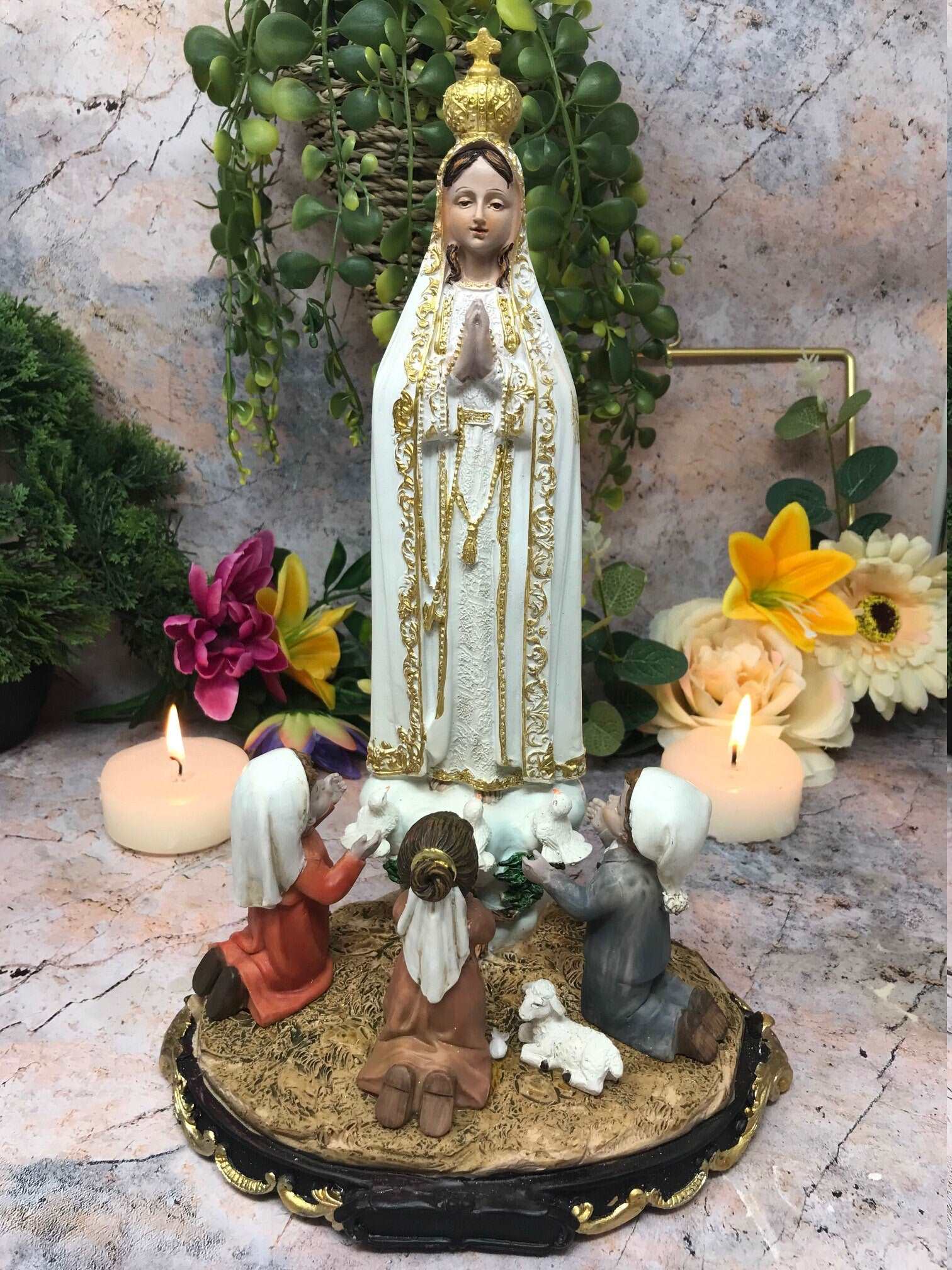 Blessed Virgin Mary Sculpture Our Lady of Fatima with Children Statue Figurine-Osiris Craftworks