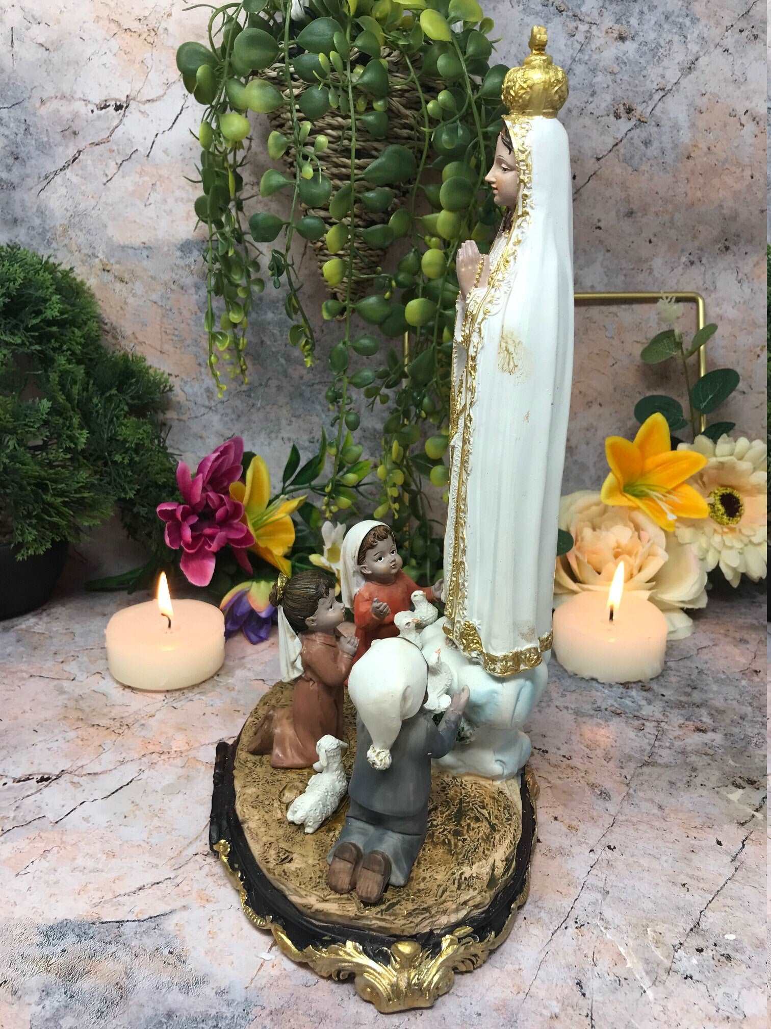 Blessed Virgin Mary Sculpture Our Lady of Fatima with Children Statue Figurine-Osiris Craftworks