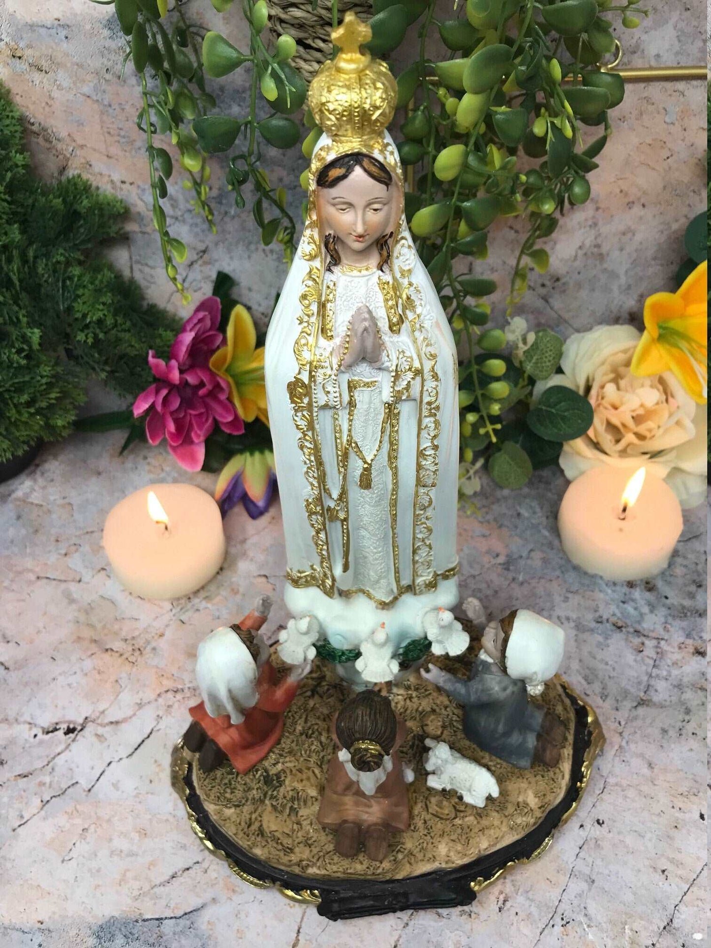 Blessed Virgin Mary Sculpture Our Lady of Fatima with Children Statue Figurine-Osiris Craftworks