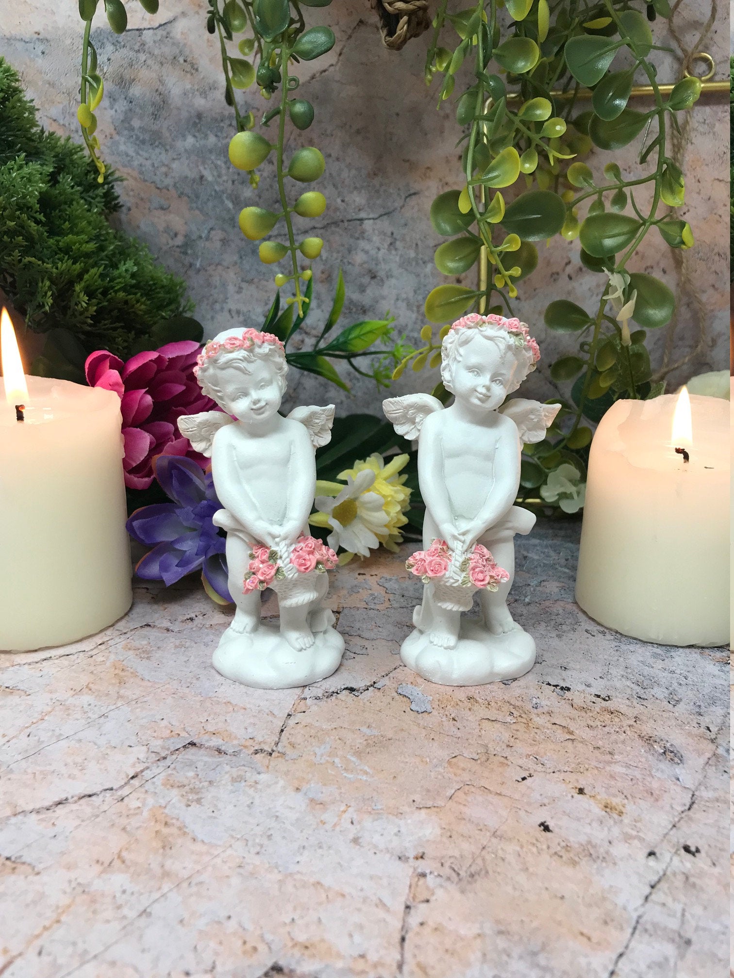 Pair of Guardian Angel Cherub Statue with Flower Accents - Heavenly Ornament Sculpture for Home Décor or Gifts-Osiris Craftworks