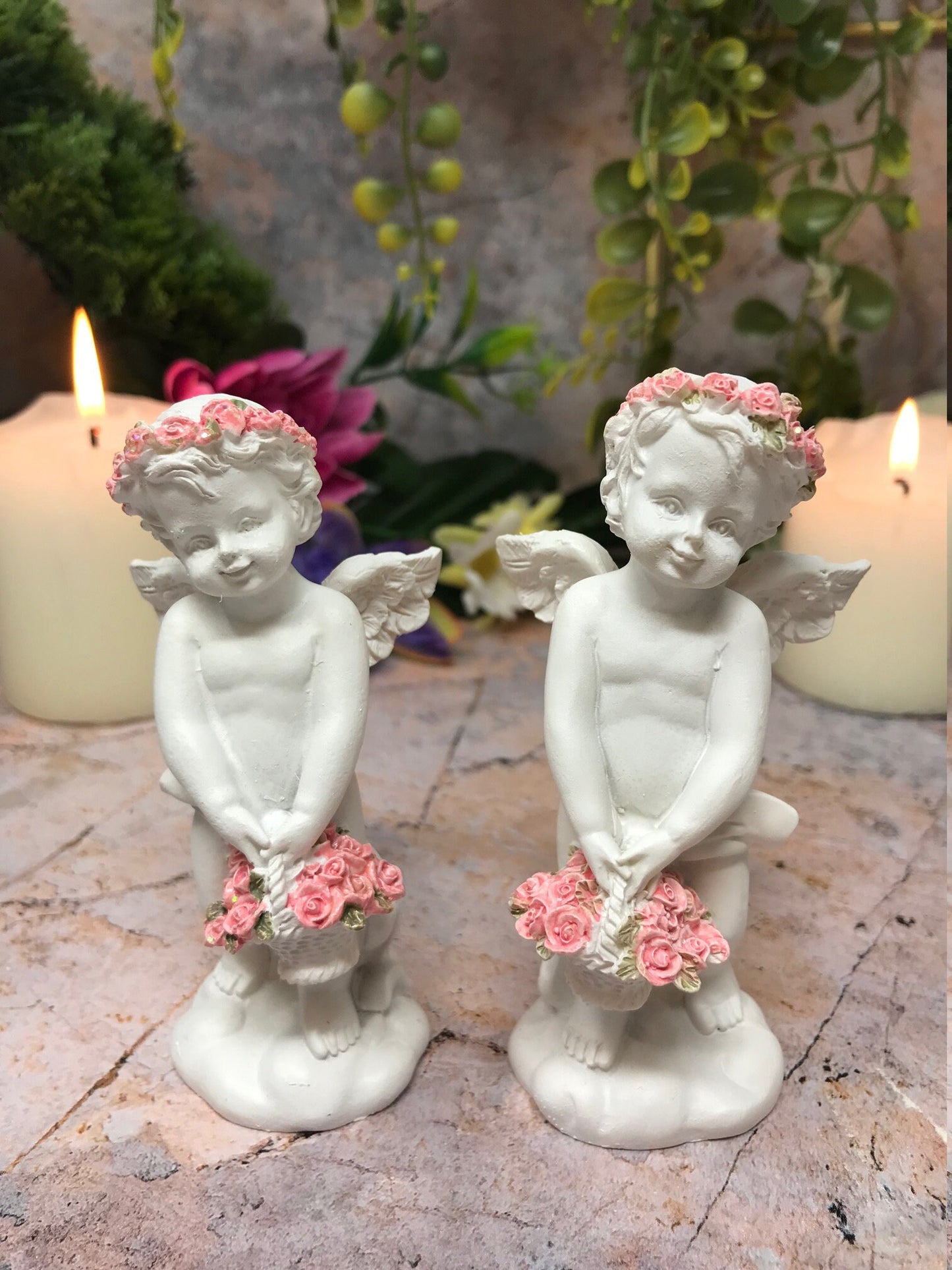 Pair of Guardian Angel Cherub Statue with Flower Accents - Heavenly Ornament Sculpture for Home Décor or Gifts-Osiris Craftworks