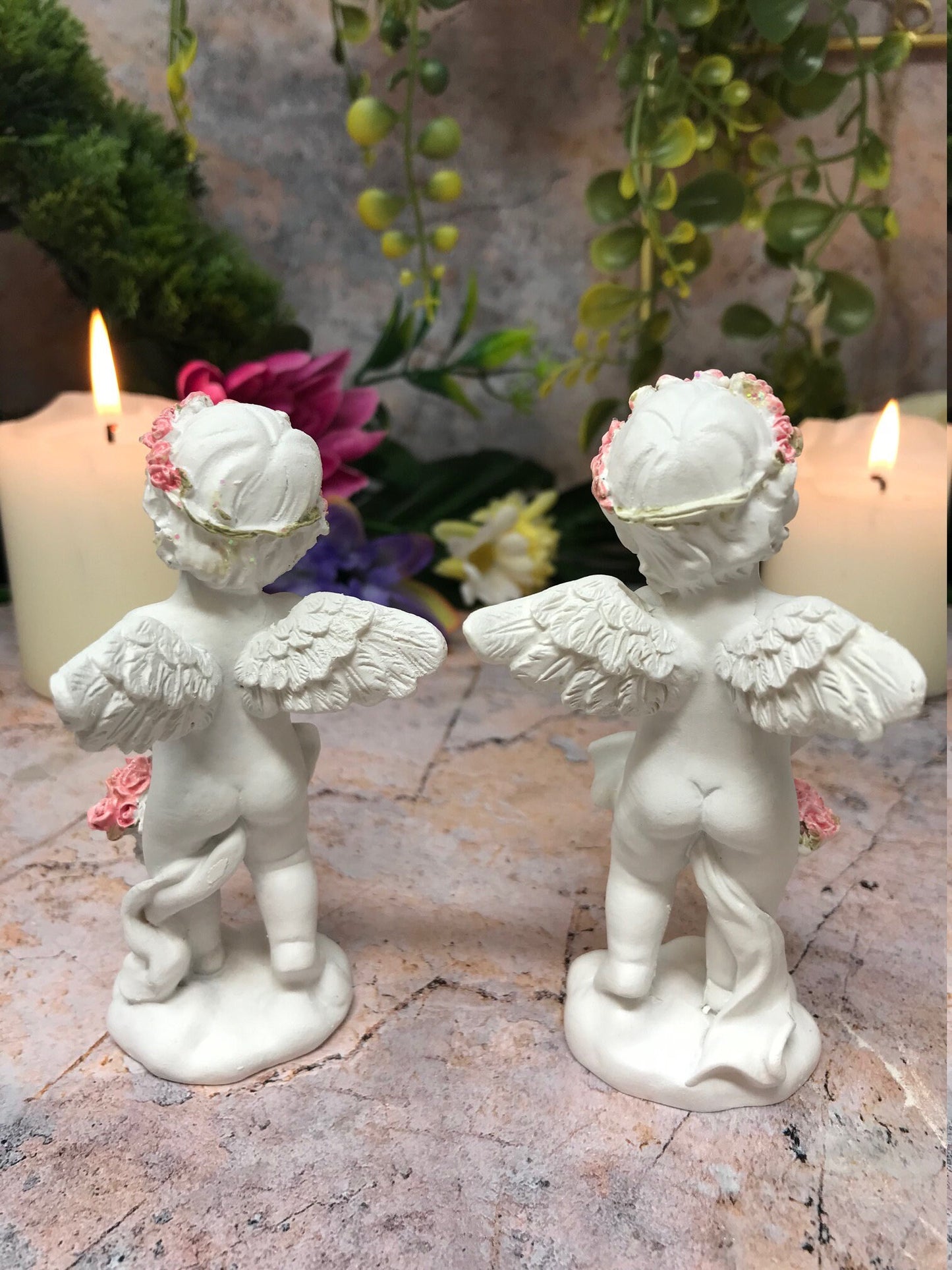 Pair of Guardian Angel Cherub Statue with Flower Accents - Heavenly Ornament Sculpture for Home Décor or Gifts-Osiris Craftworks