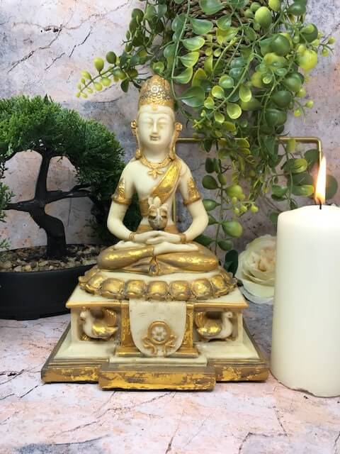 Antique Effect Golden Meditating Buddha Ornament Feng Shui Lotus Statue Figurine Buddhism