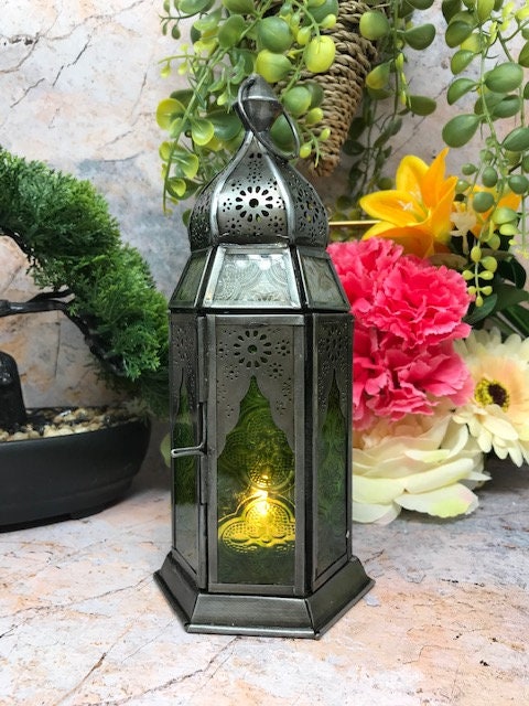 Rustic Moroccan Lantern for Patio and Home Decor with Antique Yellow Glass Tea Light Candle Holder