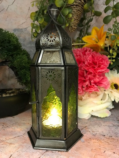 Rustic Moroccan Lantern for Patio and Home Decor with Antique Yellow Glass Tea Light Candle Holder