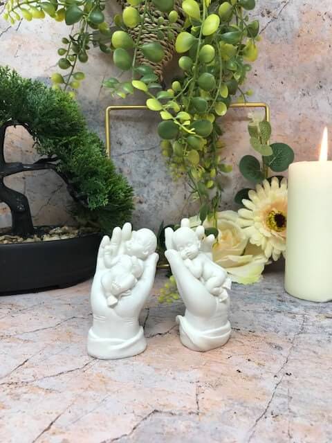 Pair of Beautiful Peaceful Baby Resting in Hand Cherub Angel Ornament-Osiris Craftworks