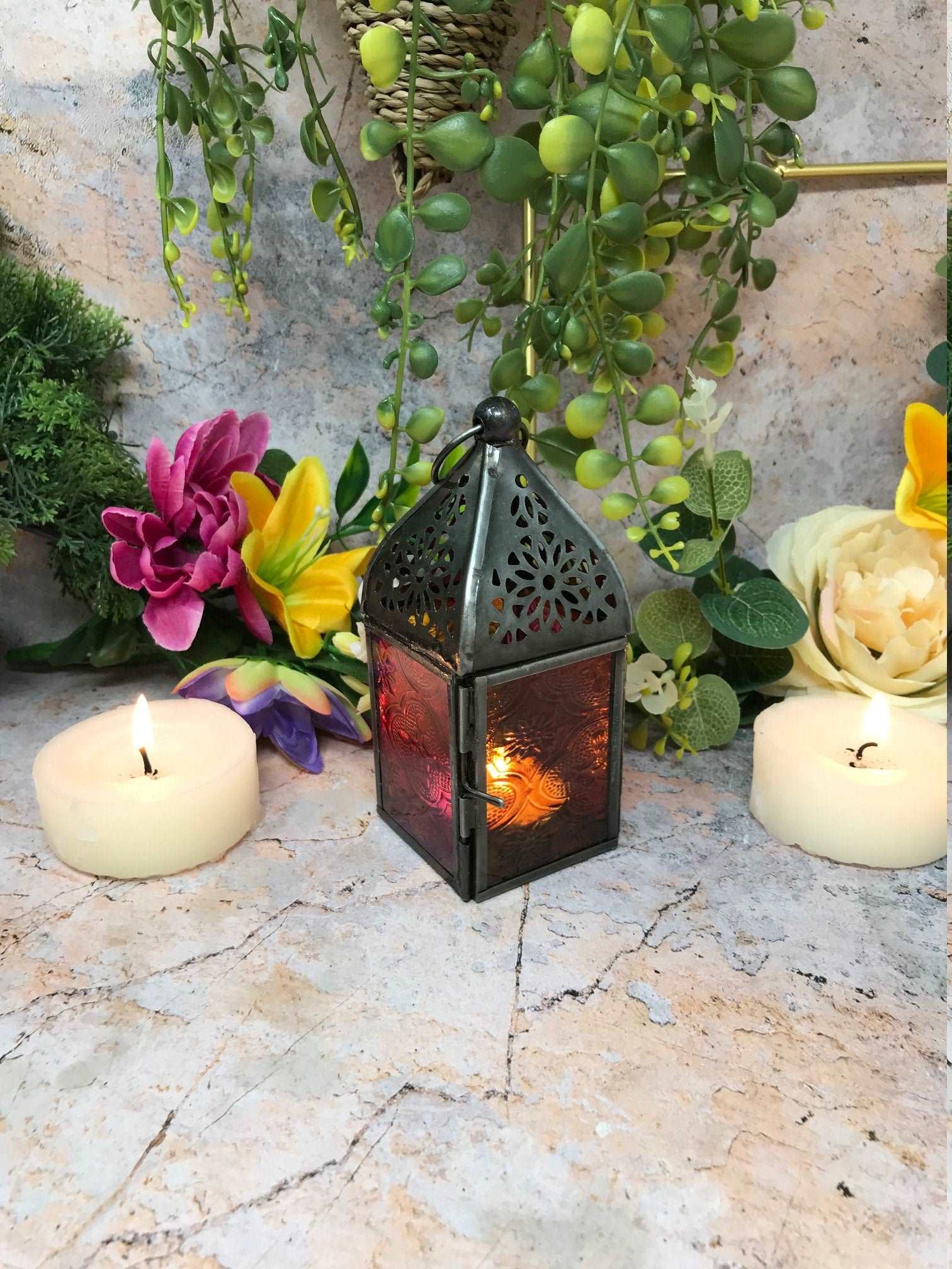 Antique Effect Moroccan Style Zinc Lantern Multicoloured Candle Tealight Holder Seasonal Decor Home Lighting Ornament