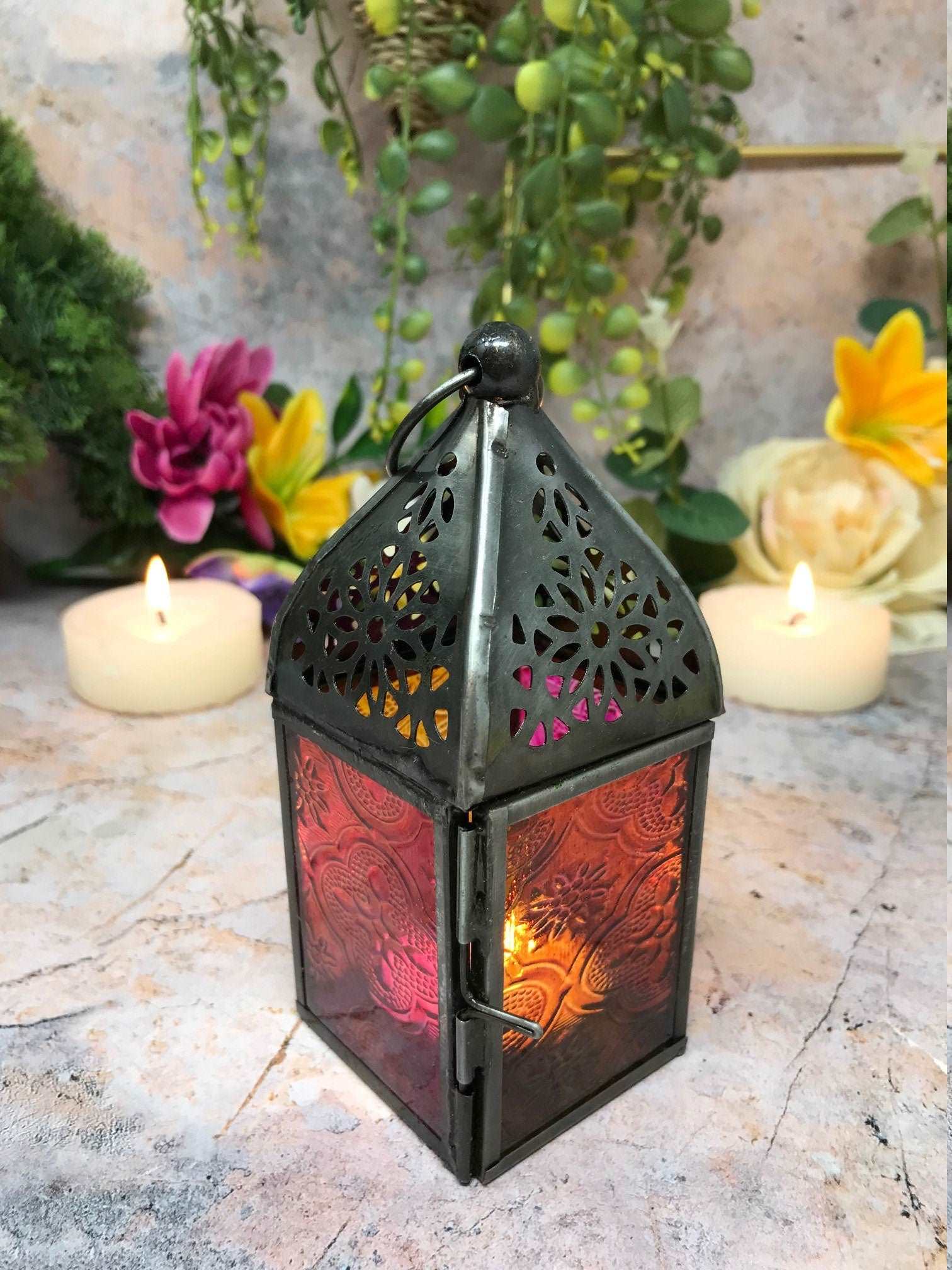 Antique Effect Moroccan Style Zinc Lantern Multicoloured Candle Tealight Holder Seasonal Decor Home Lighting Ornament