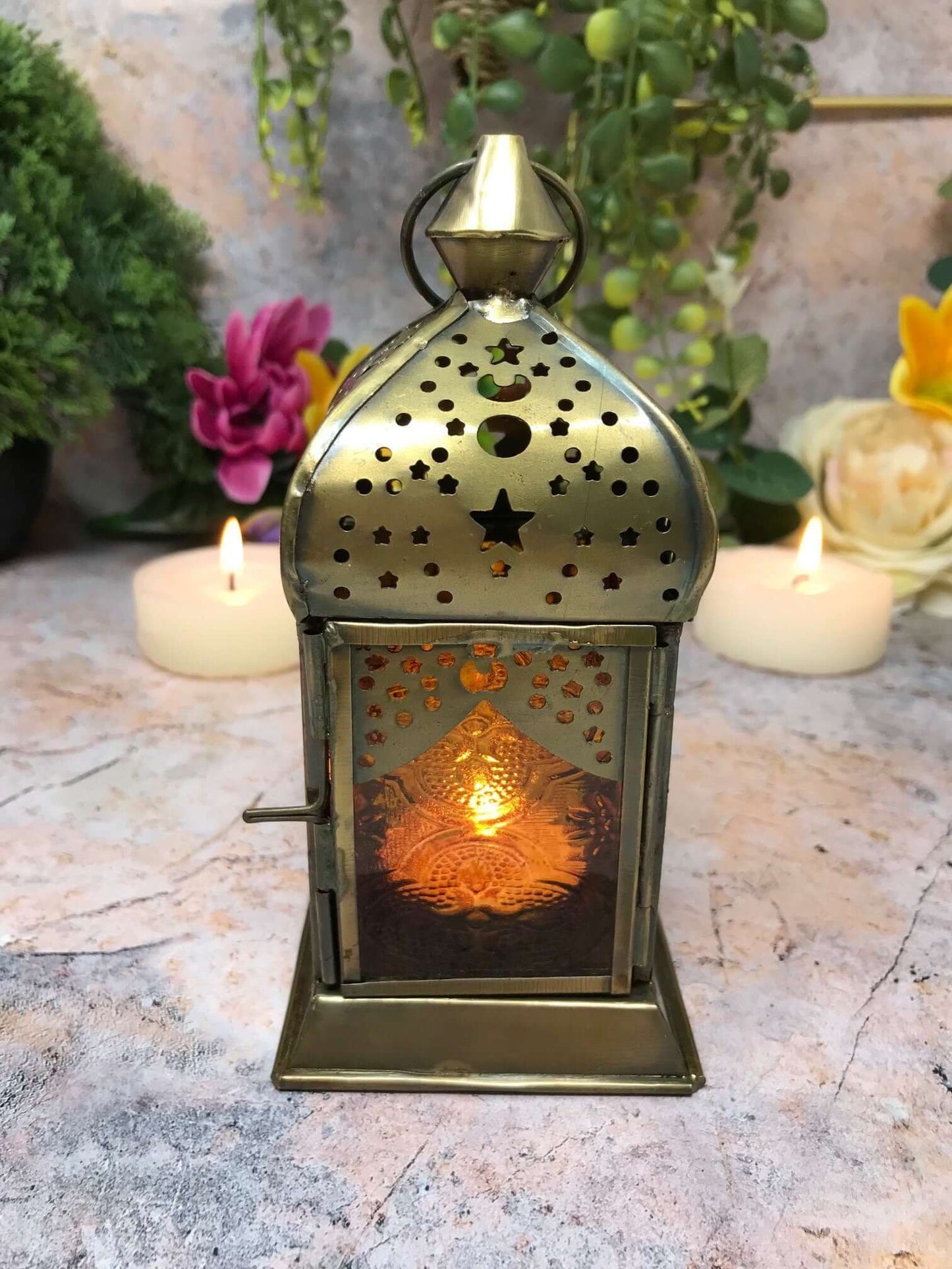 Moroccan Style Brass Lantern Antique Multicoloured Glass Tea Light Candle Holder Home Decoration