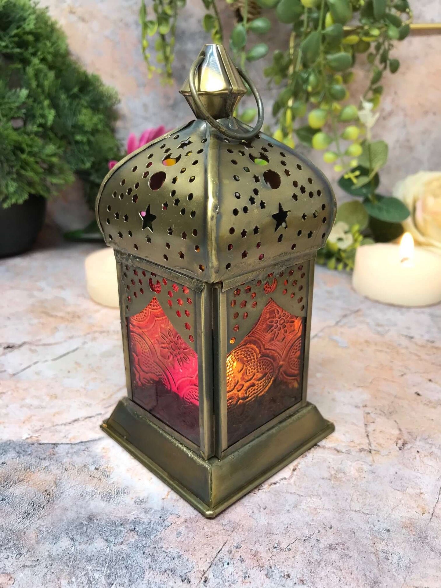 Moroccan Style Brass Lantern Antique Multicoloured Glass Tea Light Candle Holder Home Decoration