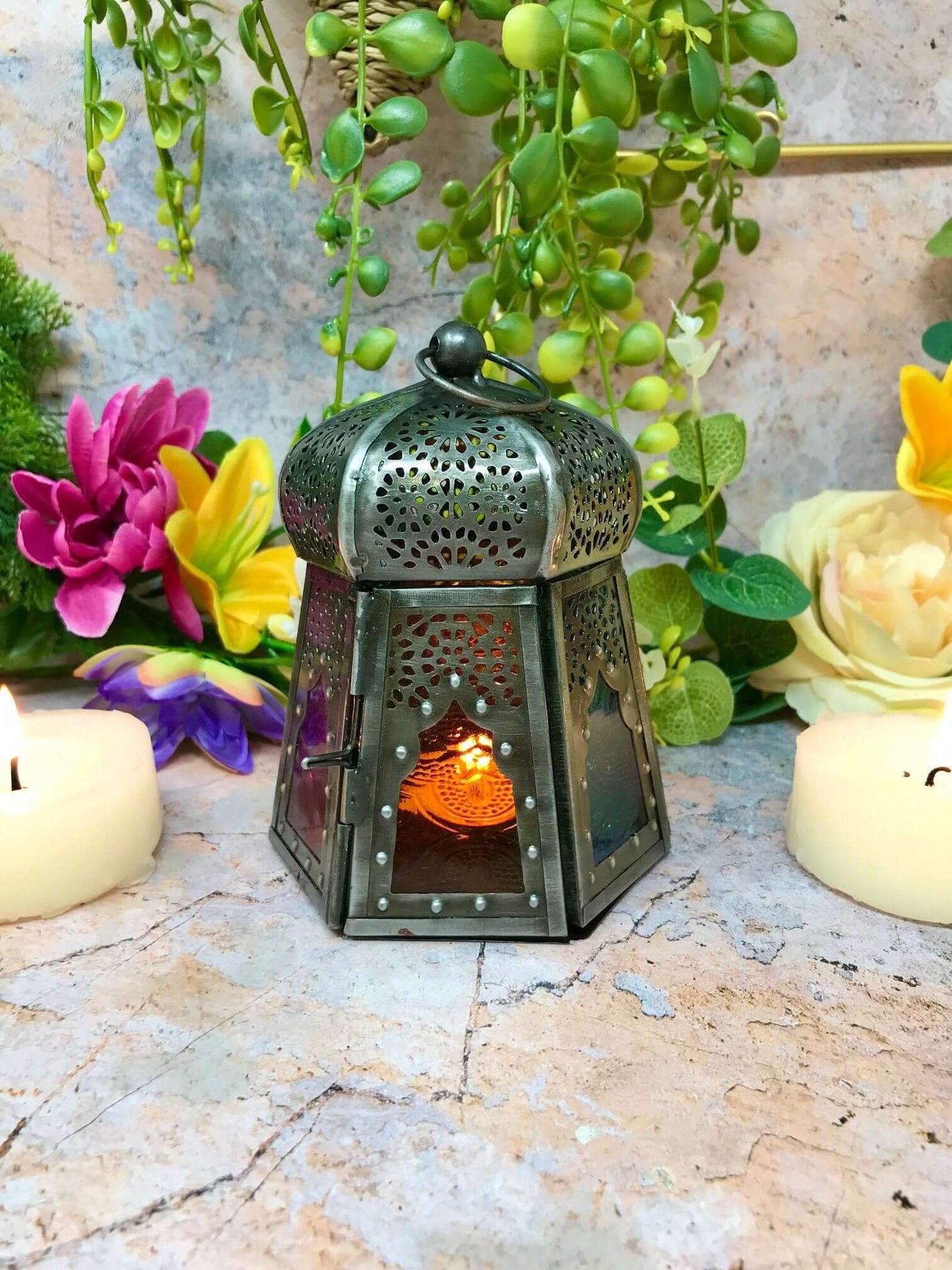 Antique Effect Moroccan Style Lantern Candle Multicoloured Tealight Holder Seasonal Decor Home Lighting Ornament