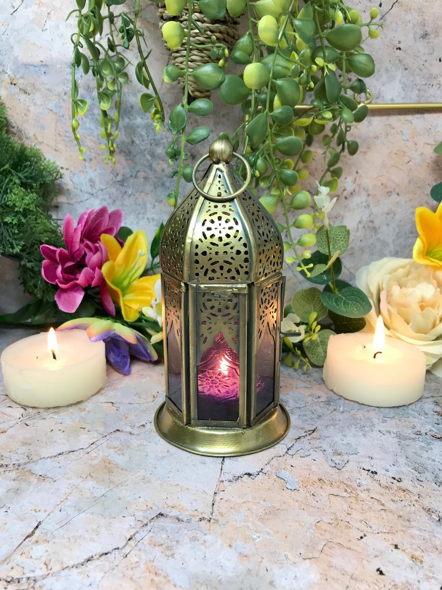 Moroccan Style Brass Lantern Antique Purple Glass Tea Light Candle Holder Home Decoration