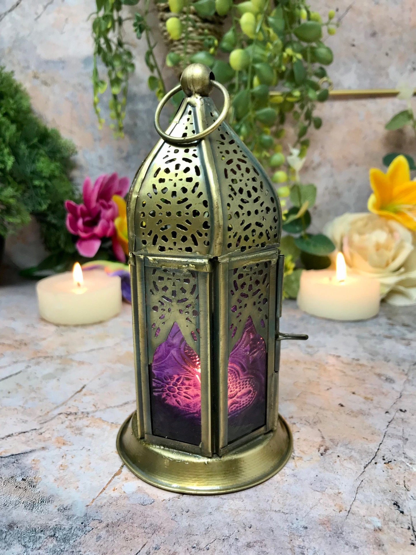 Lanterne en laiton de style marocain, bougeoir en verre violet antique, décoration de la maison