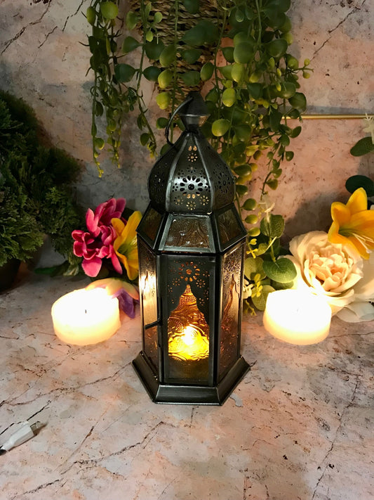 Moroccan Style Lantern Zinc Antique Amber Glass Tea Light Candle Holder Home Decoration