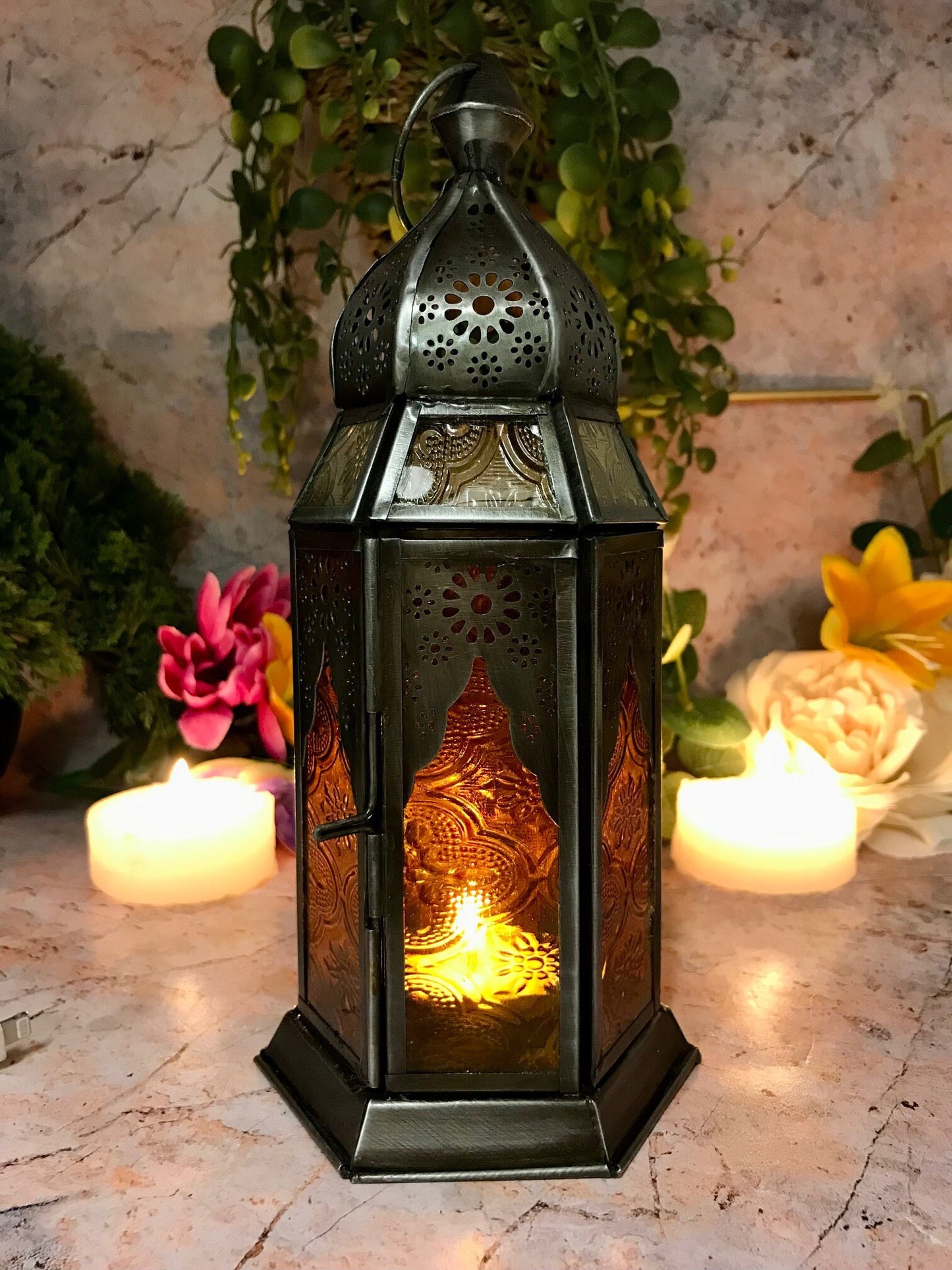 Moroccan Style Lantern Zinc Antique Amber Glass Tea Light Candle Holder Home Decoration