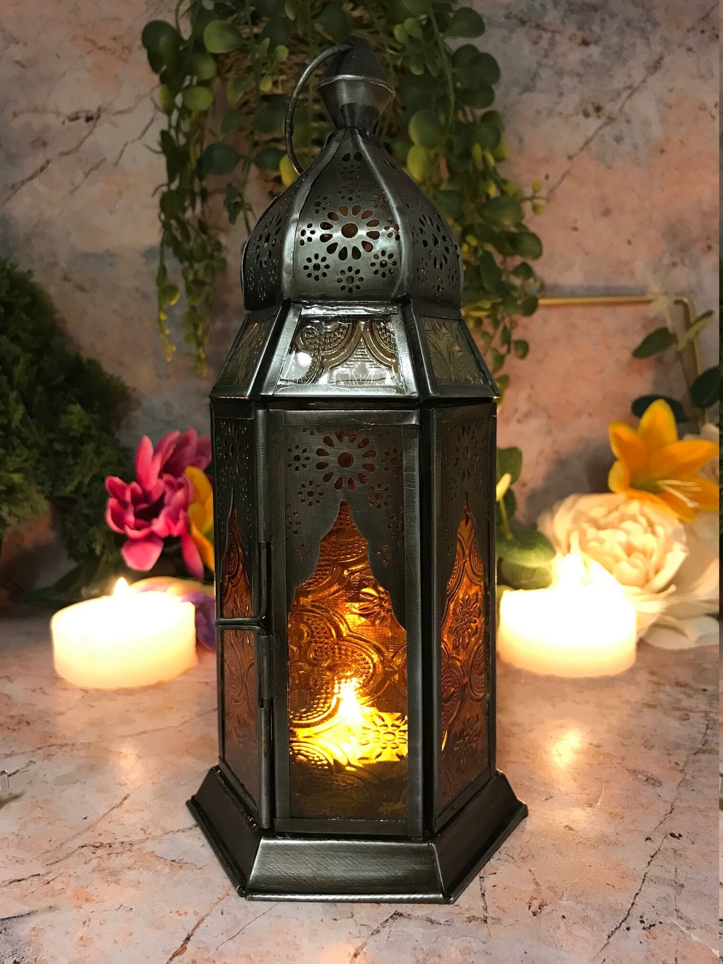 Moroccan Style Lantern Zinc Antique Amber Glass Tea Light Candle Holder Home Decoration