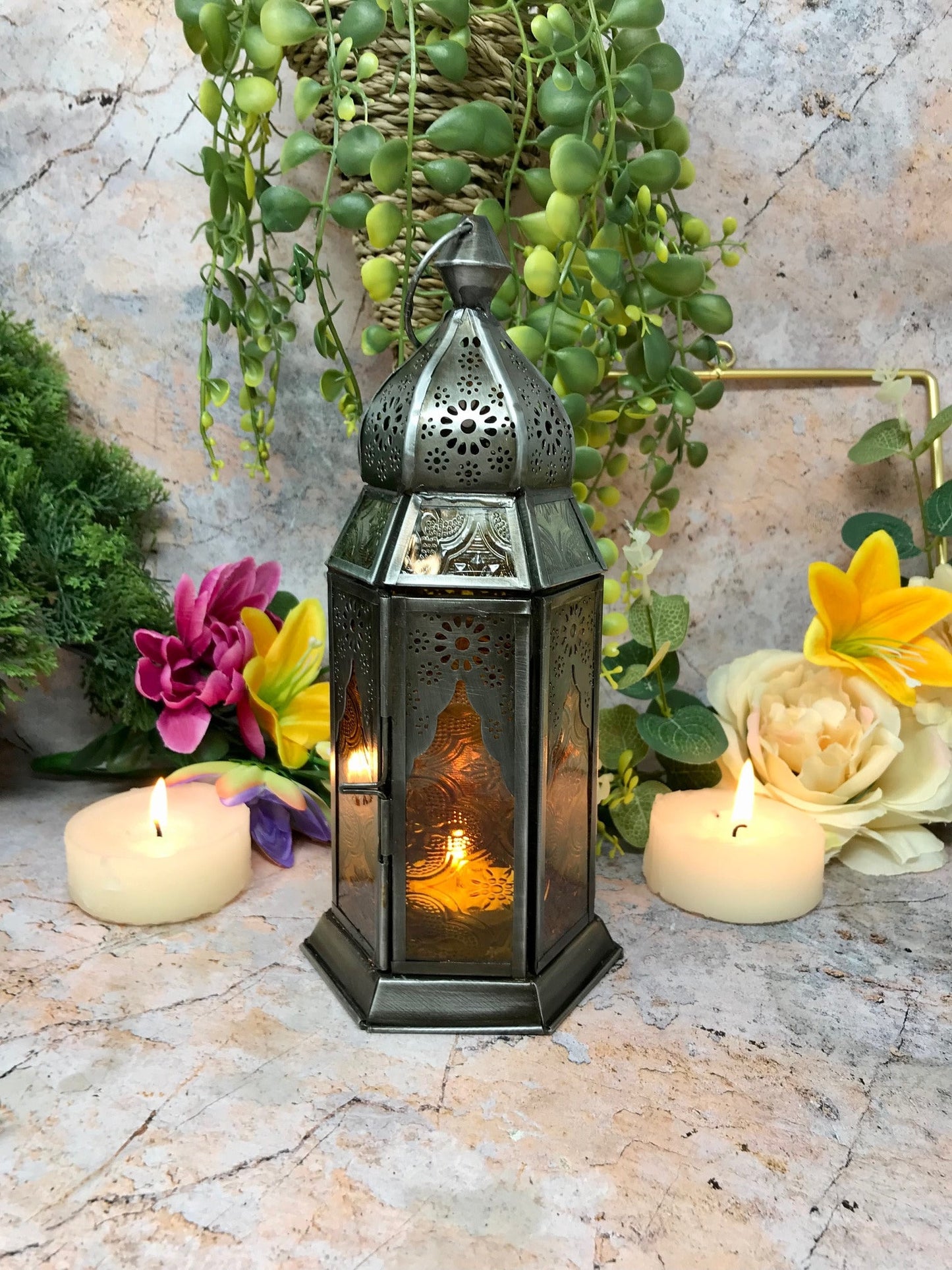 Moroccan Style Lantern Zinc Antique Amber Glass Tea Light Candle Holder Home Decoration