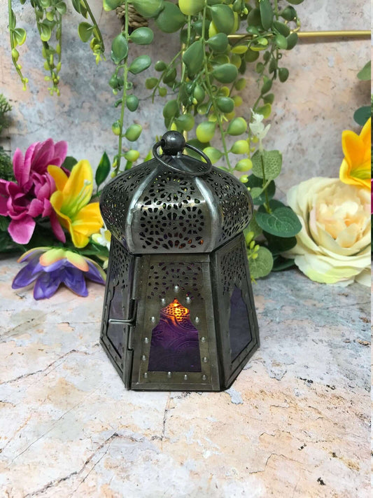 Antique Effect Moroccan Style Lantern Candle Purple Glass Tealight Holder Seasonal Decor Home Lighting Ornament