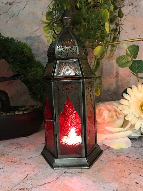 Lanterne de style marocain en zinc et verre rouge antique, bougeoir pour bougie chauffe-plat, décoration de la maison