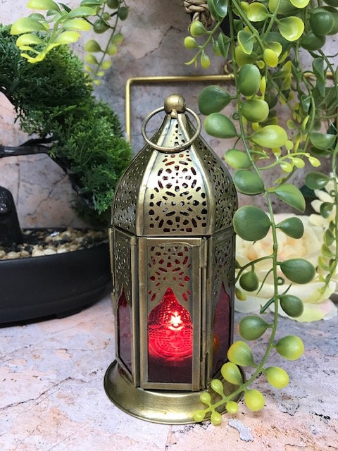 Moroccan Style Brass Lantern Antique Red Glass Tea Light Candle Holder Home Decoration