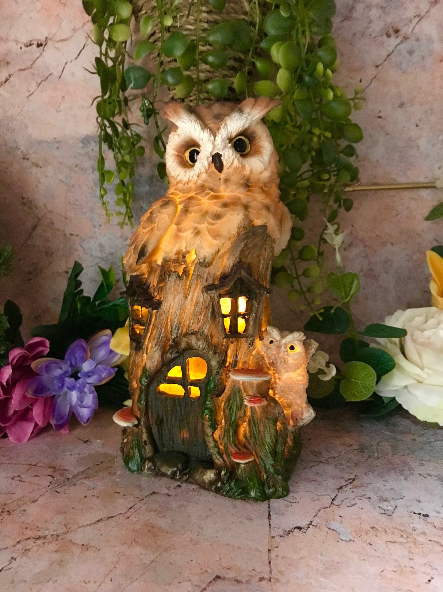 Enchanted Owl House LED Light Statue, Whimsical Owl and Chick Nightlight, Mystical Forest Figurine Home Decor, Magical Illuminated Ornament