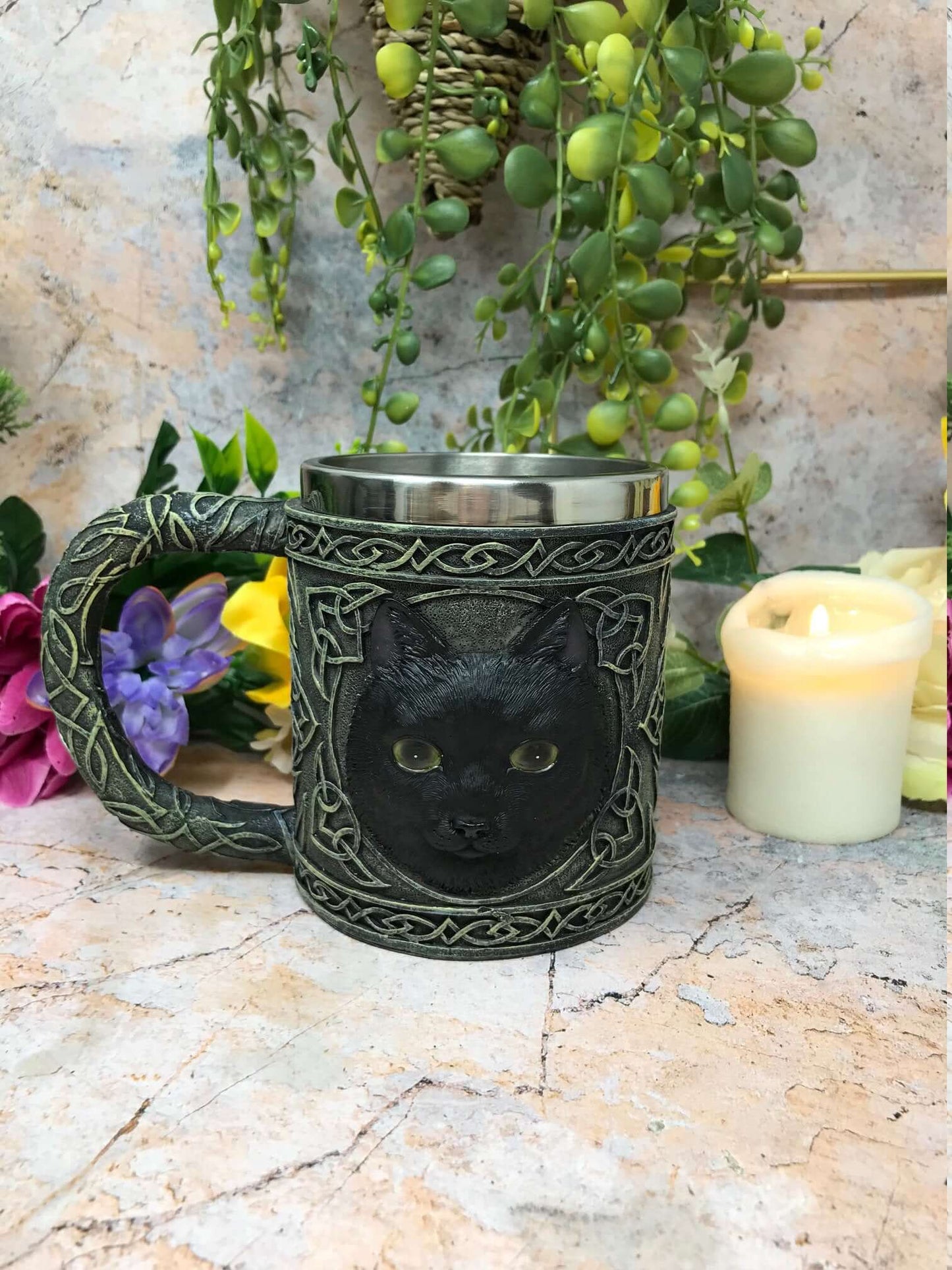 Enigmatic Black Cat Tankard Mug, Gothic Wiccan Beer Stein Pagan Drinkware, Mystical Feline Ornament, Celtic Knotwork, Unique Cat Lover Gift-Osiris Craftworks