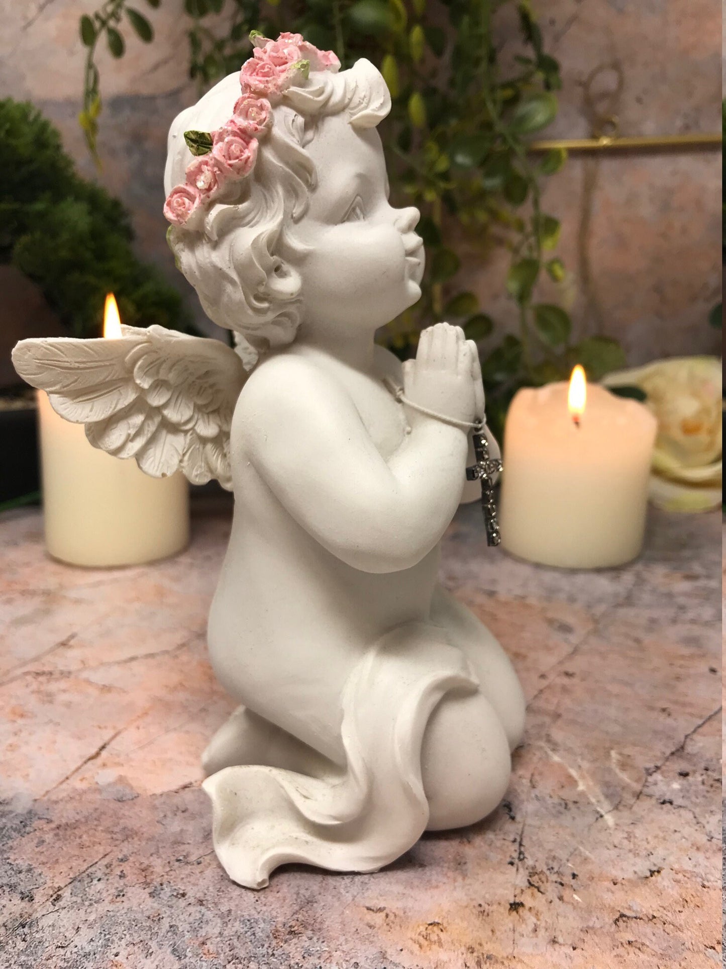 Praying Cherub with Cross Statue, Guardian Angel Figurine, Devotional Ornament, Angelic Sculpture, Inspirational Religious Decor, Serene Art-Osiris Craftworks