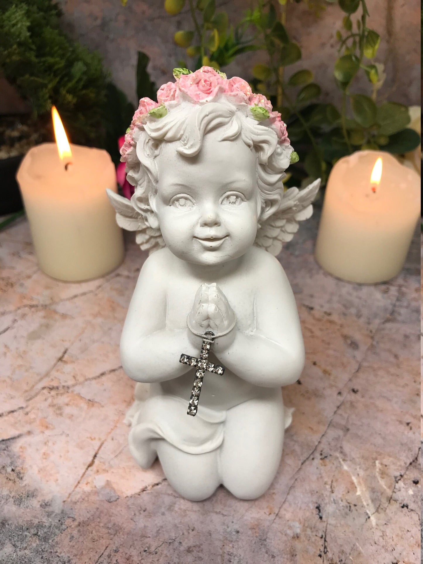 Praying Cherub with Cross Statue, Guardian Angel Figurine, Devotional Ornament, Angelic Sculpture, Inspirational Religious Decor, Serene Art-Osiris Craftworks