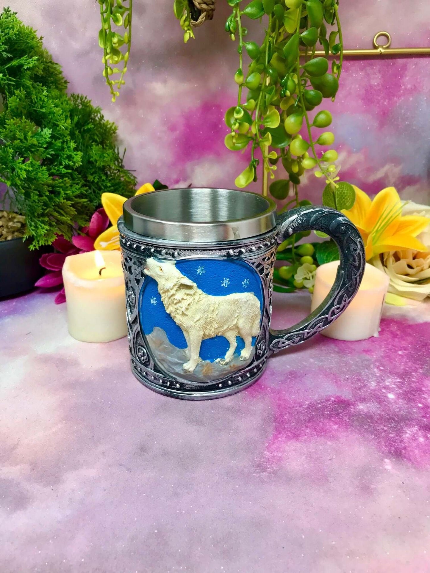 Medieval Style Howling Wolf Tankard Beer Glass Stein Full Moon Table Decoration Ornament Wolves Collection-Osiris Craftworks