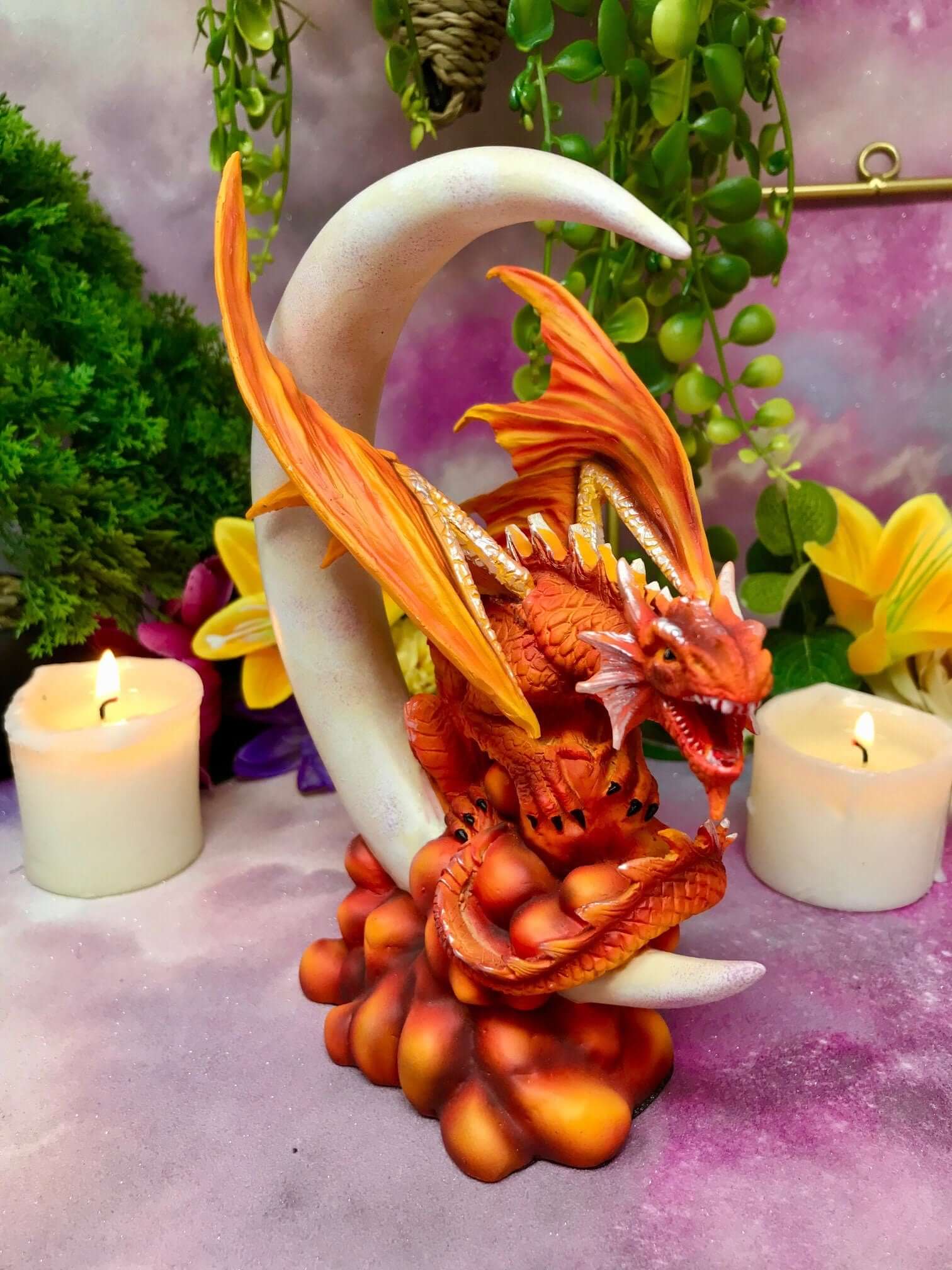 Majestic Crescent Moon Dragon Statue, Mythical Creature Sculpture, Fantasy Dragon Decor, Collectible Fire Dragon, Unique Gothic Home Accent-Osiris Craftworks