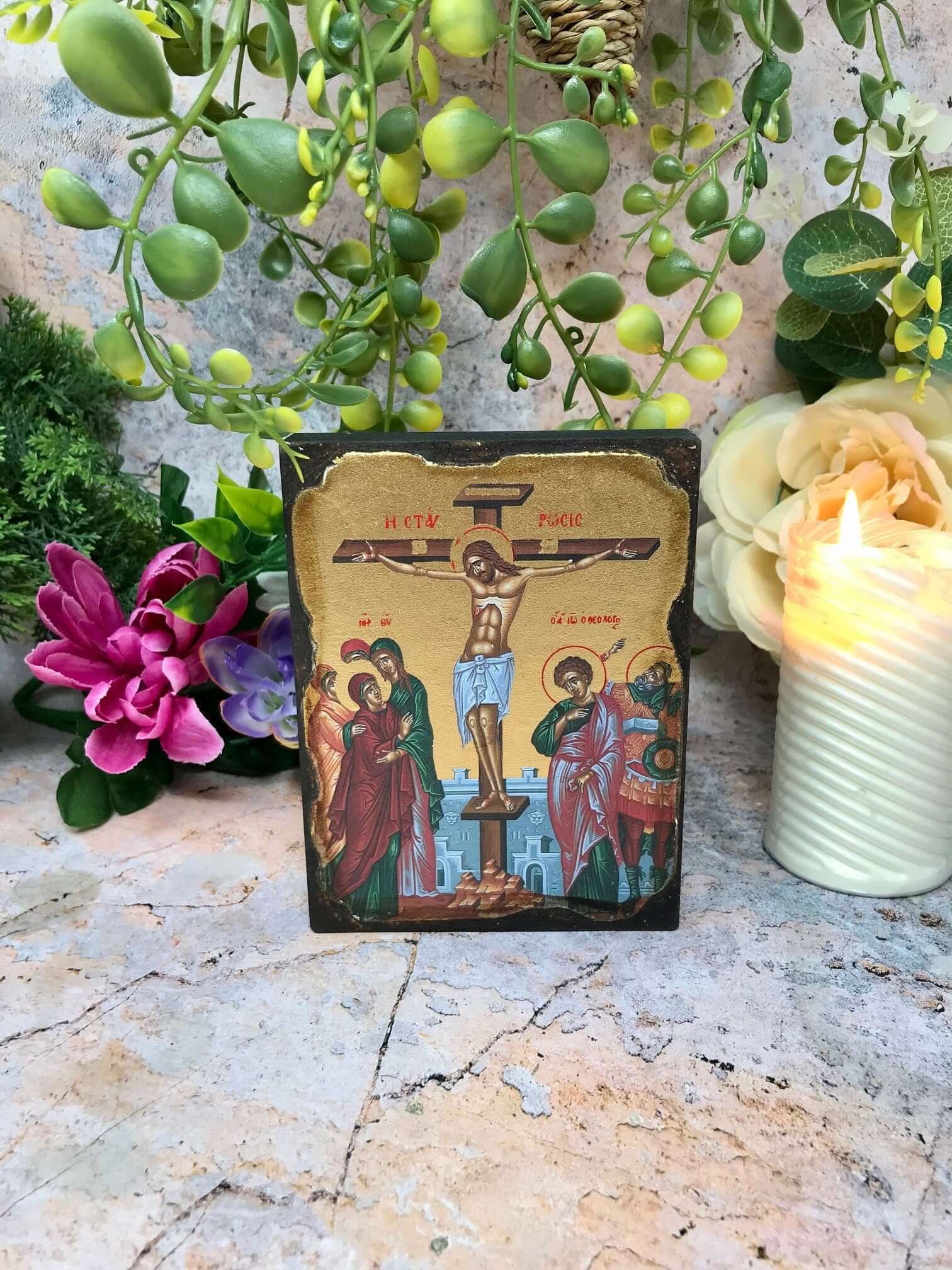 Crucifixion of Jesus Christ Picture Icon Style Religious Wall Plaque Decor-Osiris Craftworks