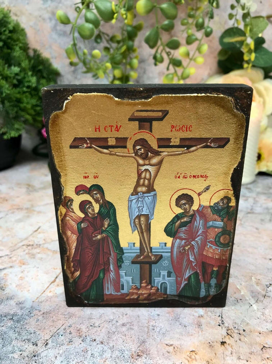 Crucifixion of Jesus Christ Picture Icon Style Religious Wall Plaque Decor-Osiris Craftworks