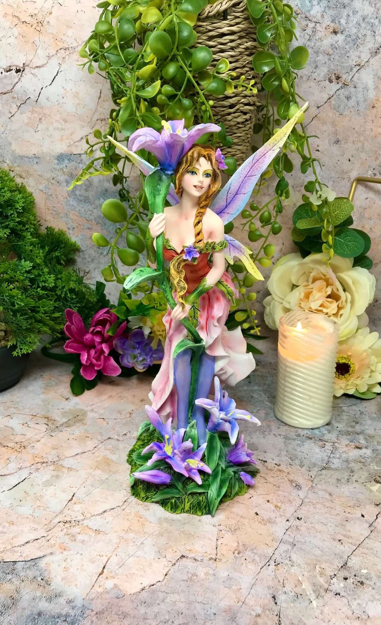 Blossoming Iris Fairy Figurine, Fantasy Floral Fairy Statue, Enchanted Decor, Whimsical Purple Winged Fairy, Collectible Mythical Art Piece-Osiris Craftworks