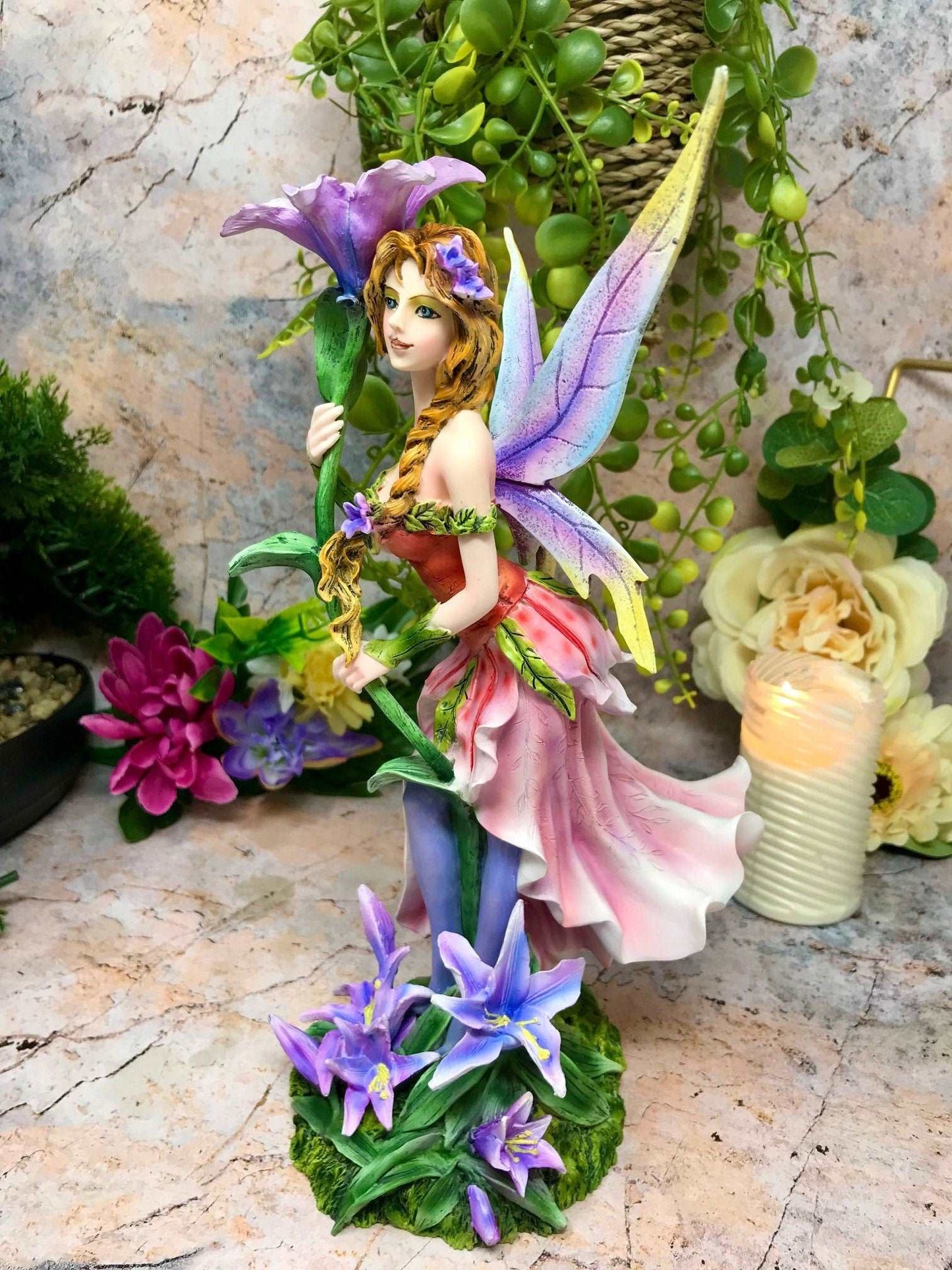 Blossoming Iris Fairy Figurine, Fantasy Floral Fairy Statue, Enchanted Decor, Whimsical Purple Winged Fairy, Collectible Mythical Art Piece-Osiris Craftworks