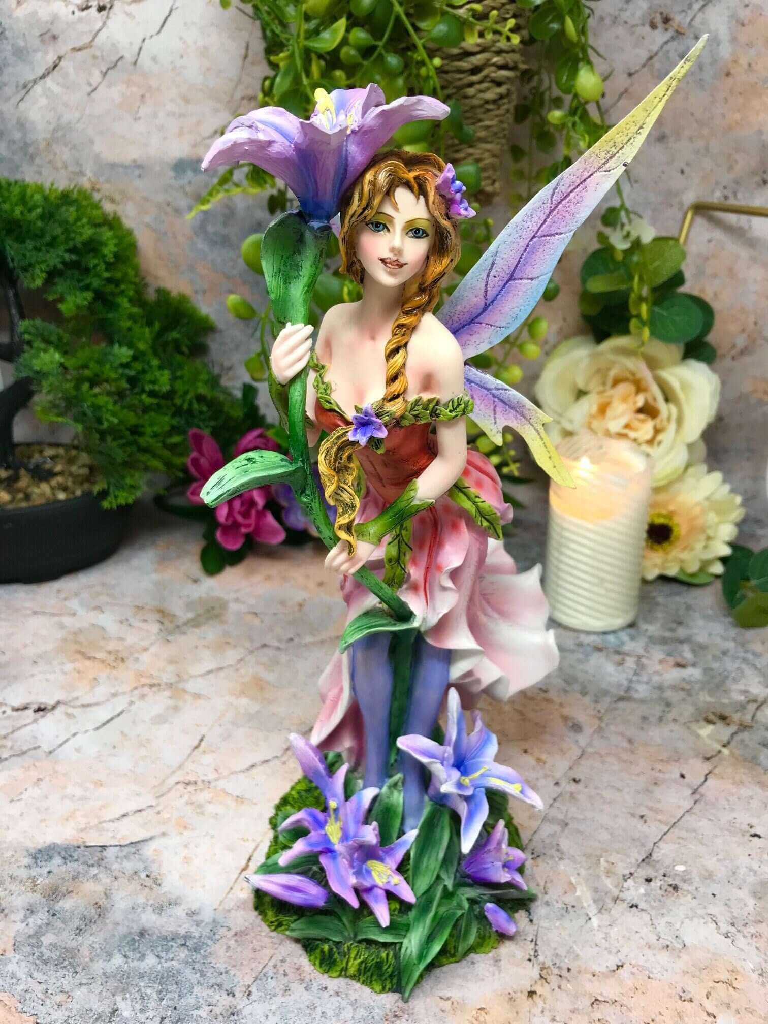 Blossoming Iris Fairy Figurine, Fantasy Floral Fairy Statue, Enchanted Decor, Whimsical Purple Winged Fairy, Collectible Mythical Art Piece-Osiris Craftworks