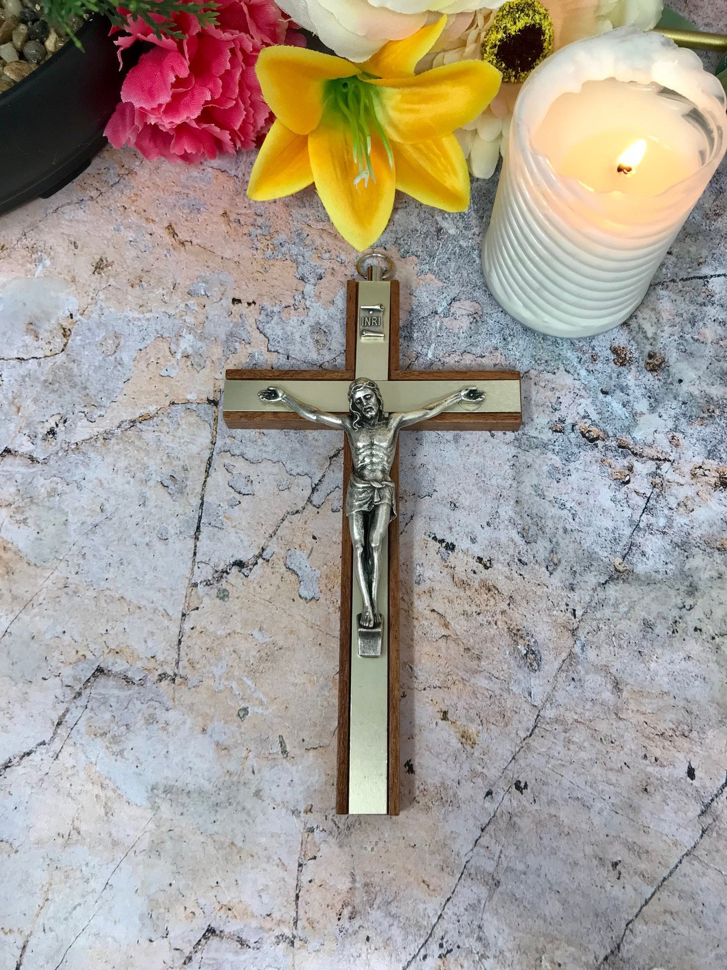 Mahogany Wooden Crucifix with Brass Inlaid Strips Hanging Cross Metal Corpus Christi Jesus Christ Religious Wall Ornament-Osiris Craftworks