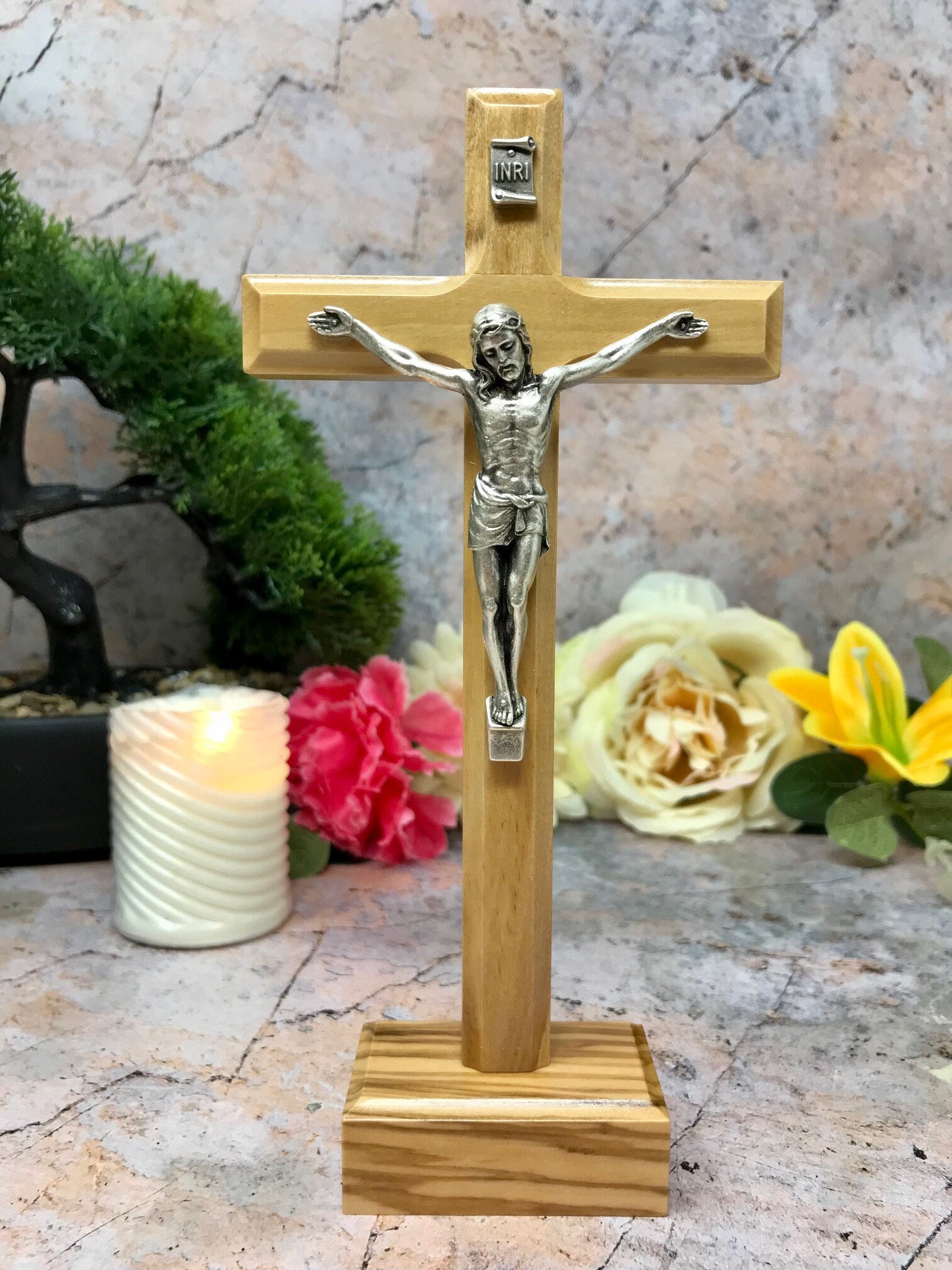 Freestanding Elegant Olive Wood Cross with Metal Corpus - Sacred Christian Crucifix 19 cm-Osiris Craftworks