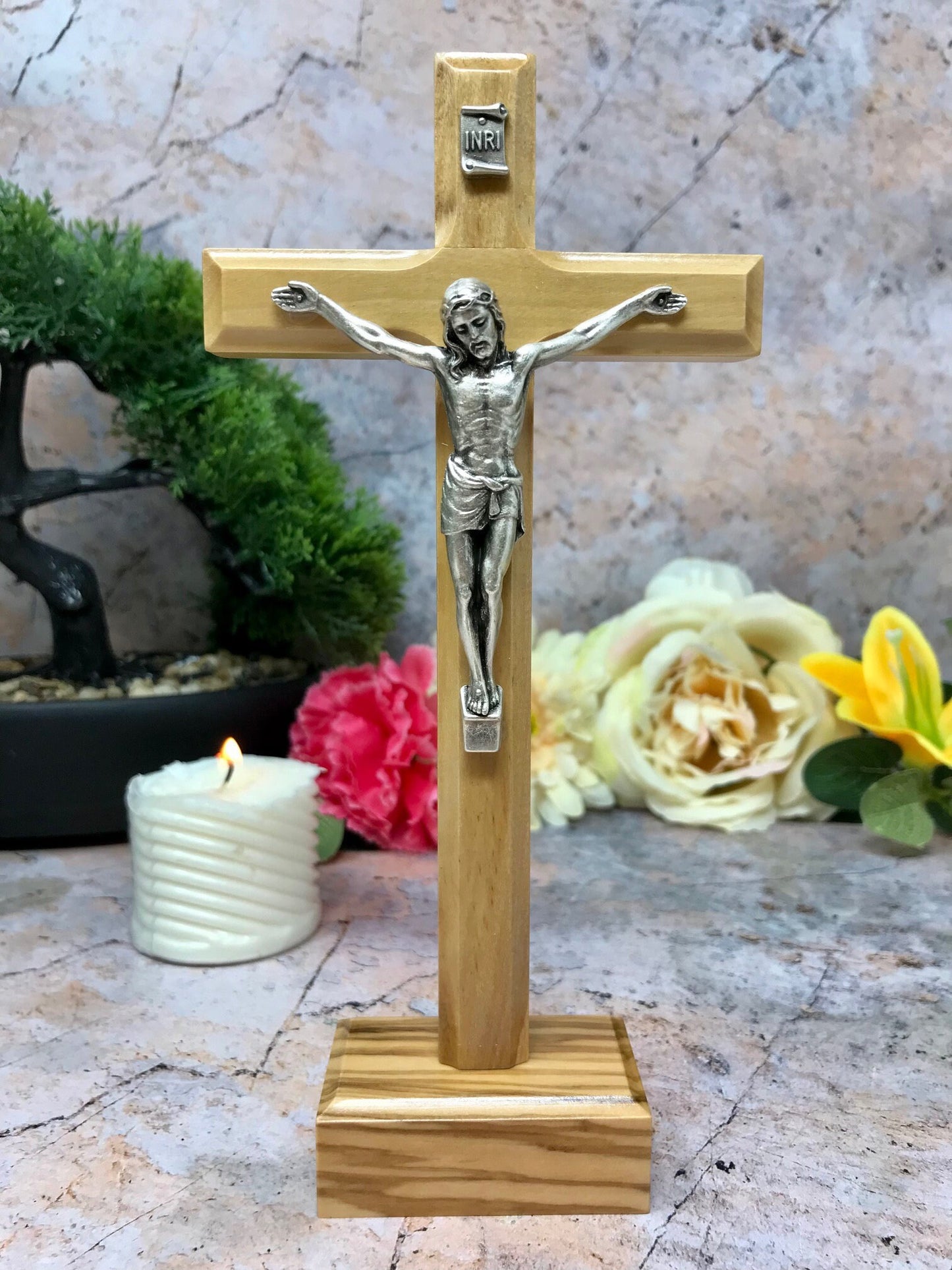 Freestanding Elegant Olive Wood Cross with Metal Corpus - Sacred Christian Crucifix 19 cm-Osiris Craftworks