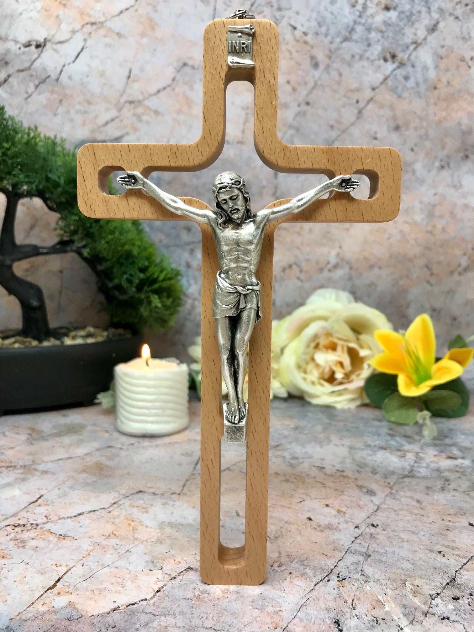 Wooden Crucifix Hanging Wall Cross Silver Metal Corpus Christi Jesus Christ Religious-Osiris Craftworks