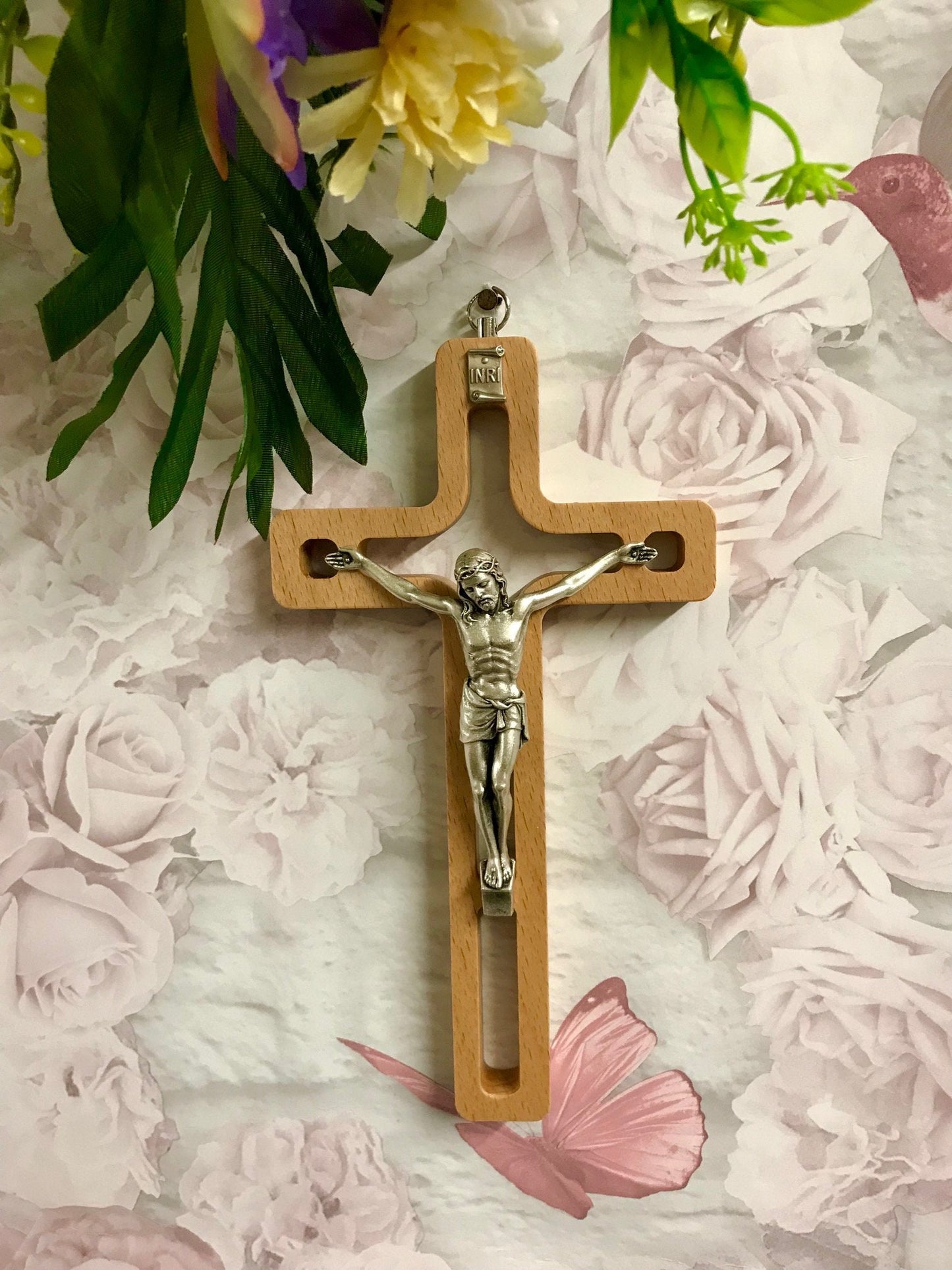 Wooden Crucifix Hanging Wall Cross Silver Metal Corpus Christi Jesus Christ Religious-Osiris Craftworks