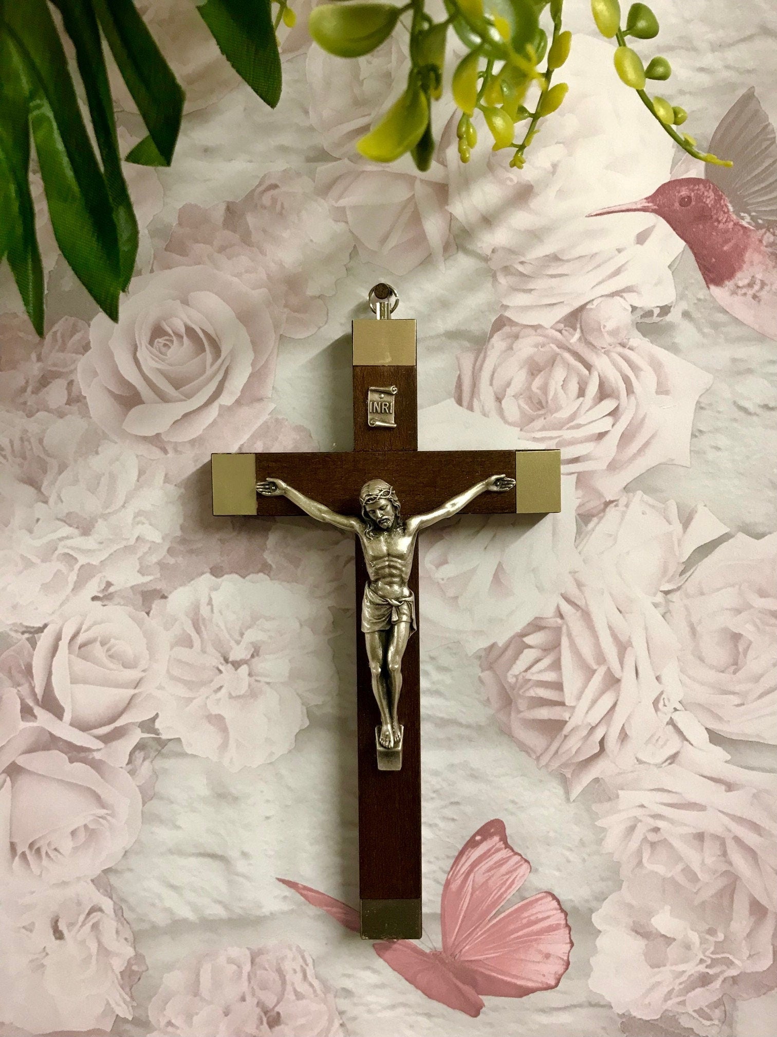 Walnut Wood Crucifix Cross Wall Hanging Silver Jesus Religious Gift-Osiris Craftworks