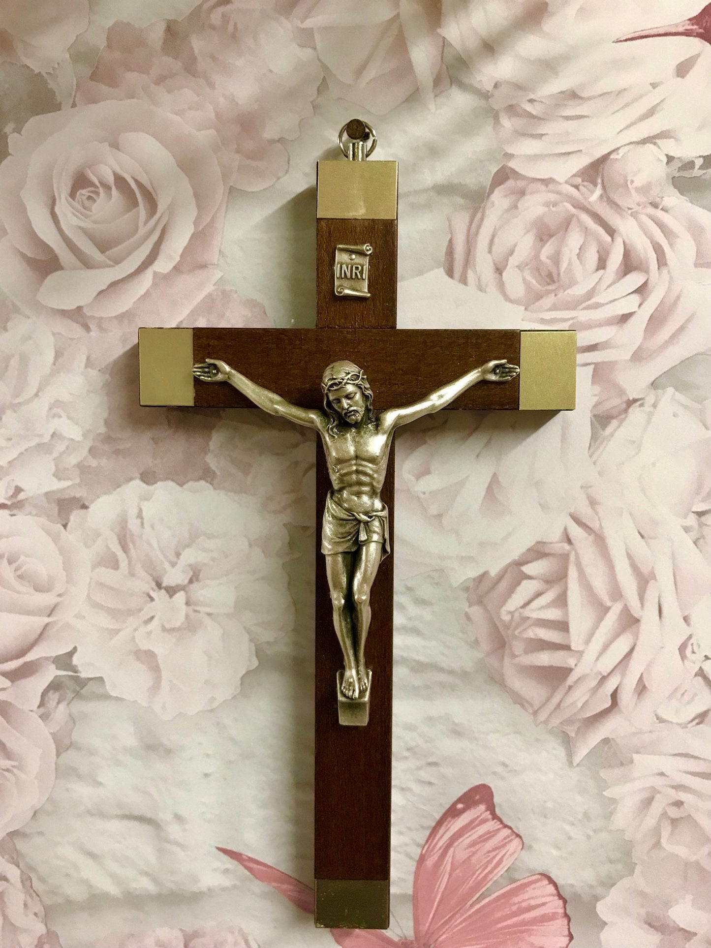 Walnut Wood Crucifix Cross Wall Hanging Silver Jesus Religious Gift-Osiris Craftworks