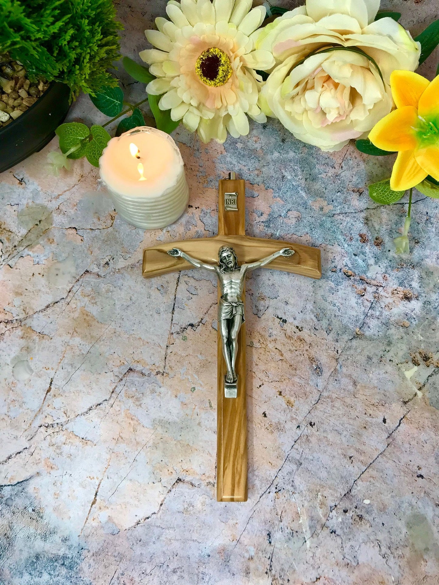 Olive Wood Crucifix Hanging Wall Cross Silver Metal Corpus Christi Jesus Christ Religious 20 cm-Osiris Craftworks