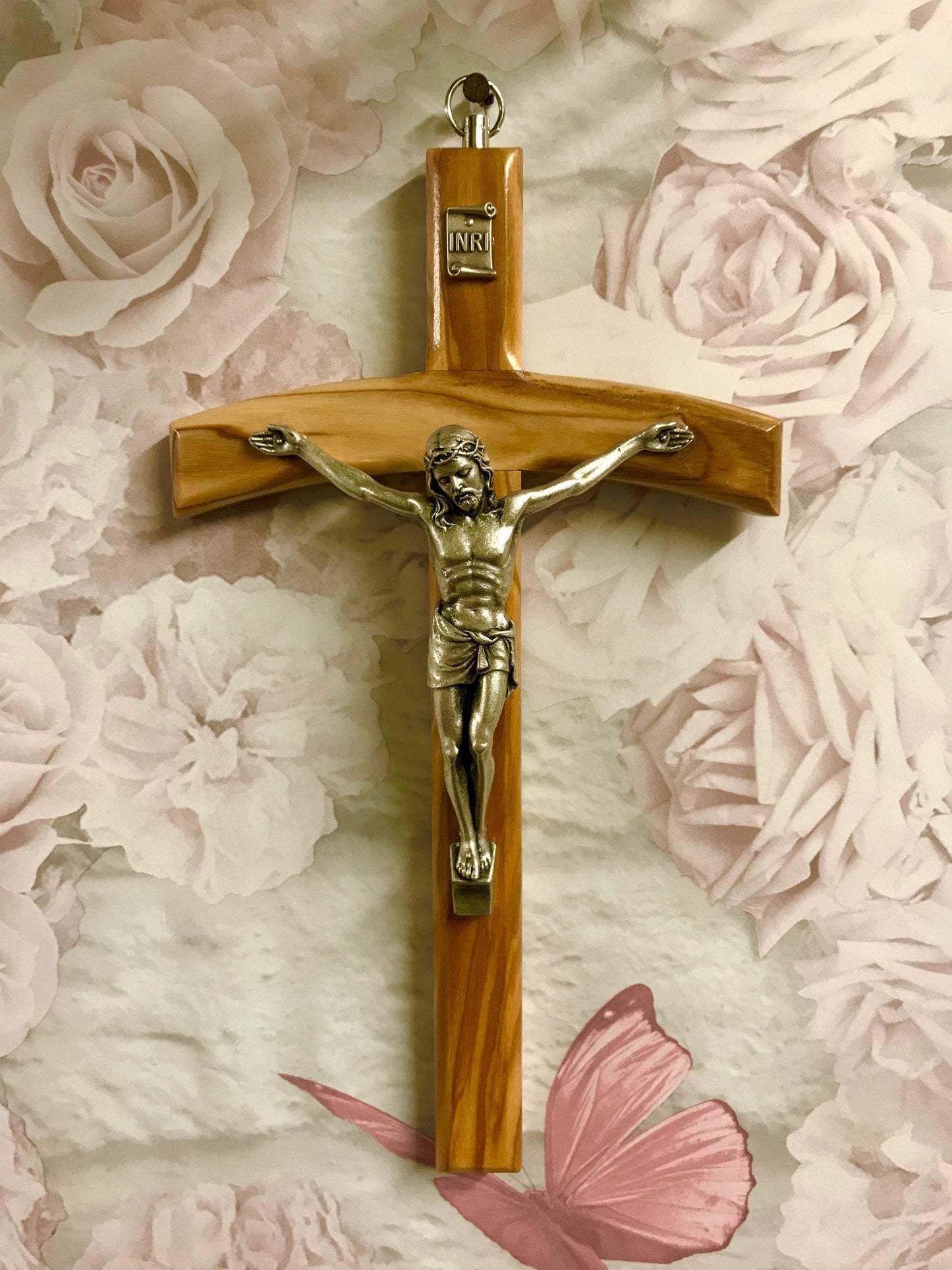 Olive Wood Crucifix Hanging Wall Cross Silver Metal Corpus Christi Jesus Christ Religious 20 cm-Osiris Craftworks