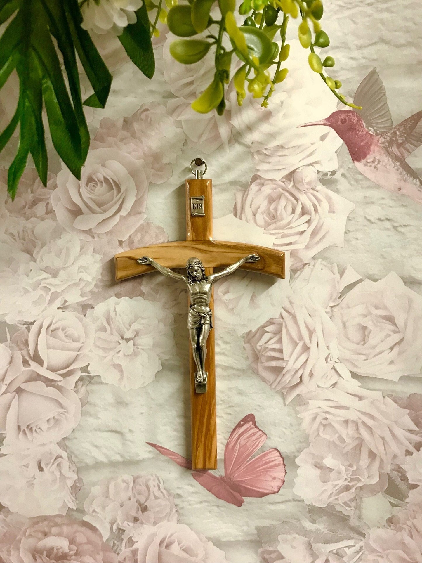 Olive Wood Crucifix Hanging Wall Cross Silver Metal Corpus Christi Jesus Christ Religious 20 cm-Osiris Craftworks