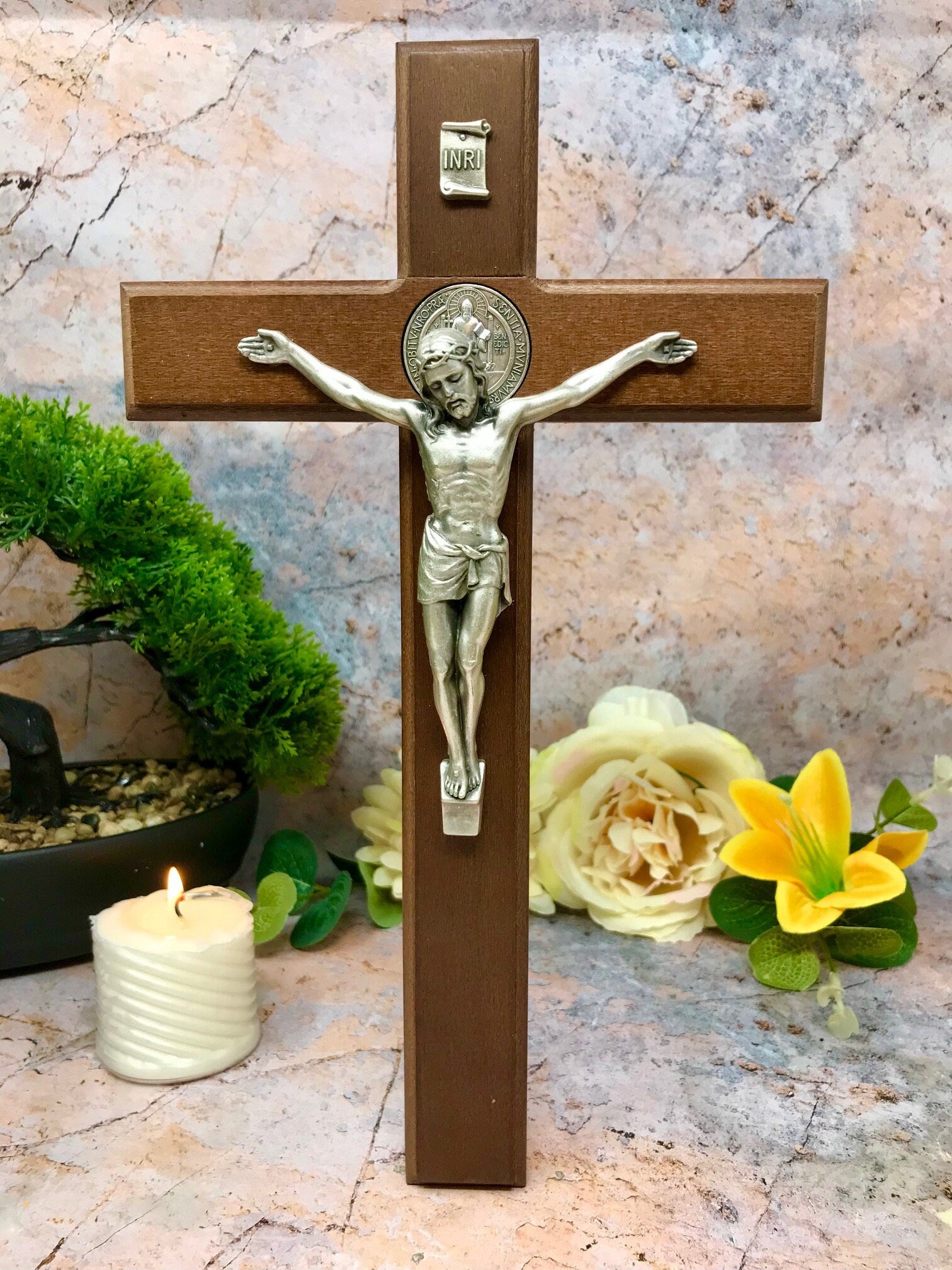 Wooden Crucifix Hanging Cross Brass Corpus Christi Jesus Christ Religious 28cm-Osiris Craftworks